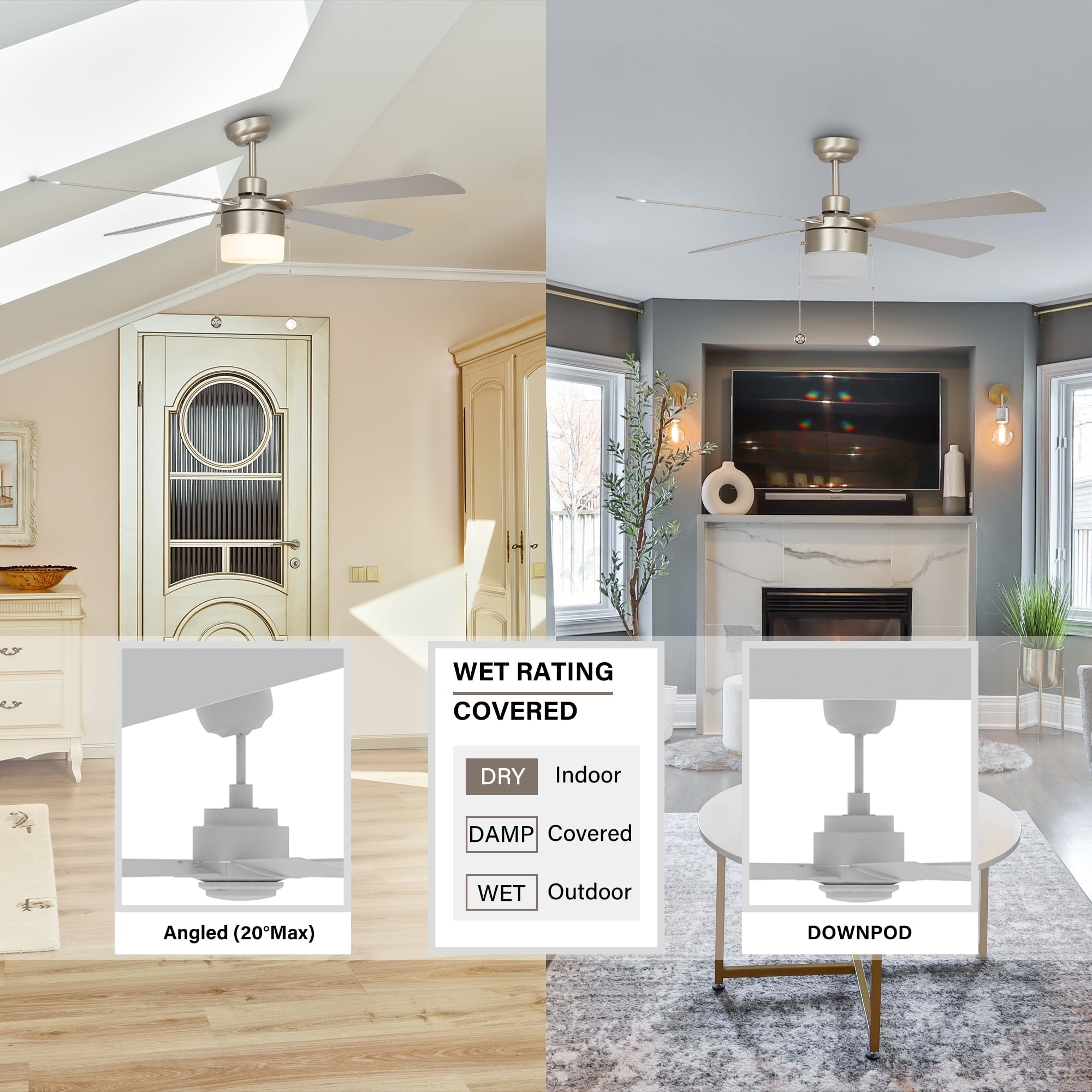 52" 4 Blade Indoor Ceiling Fan with Pull Chain, Light Kit, Silver Finish, and Reversible Motor