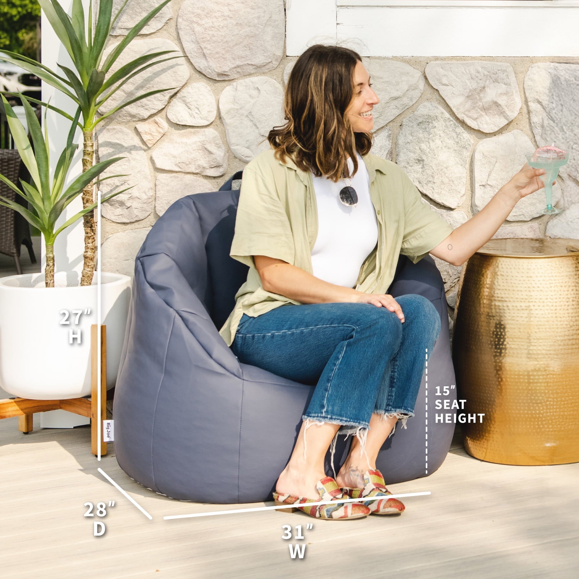 Big Joe Milano Outdoor Weatherproof Bean Bag Chair, Navy Marine Vinyl, UV Protected Weather Resistant Fabric, 2.5 feet