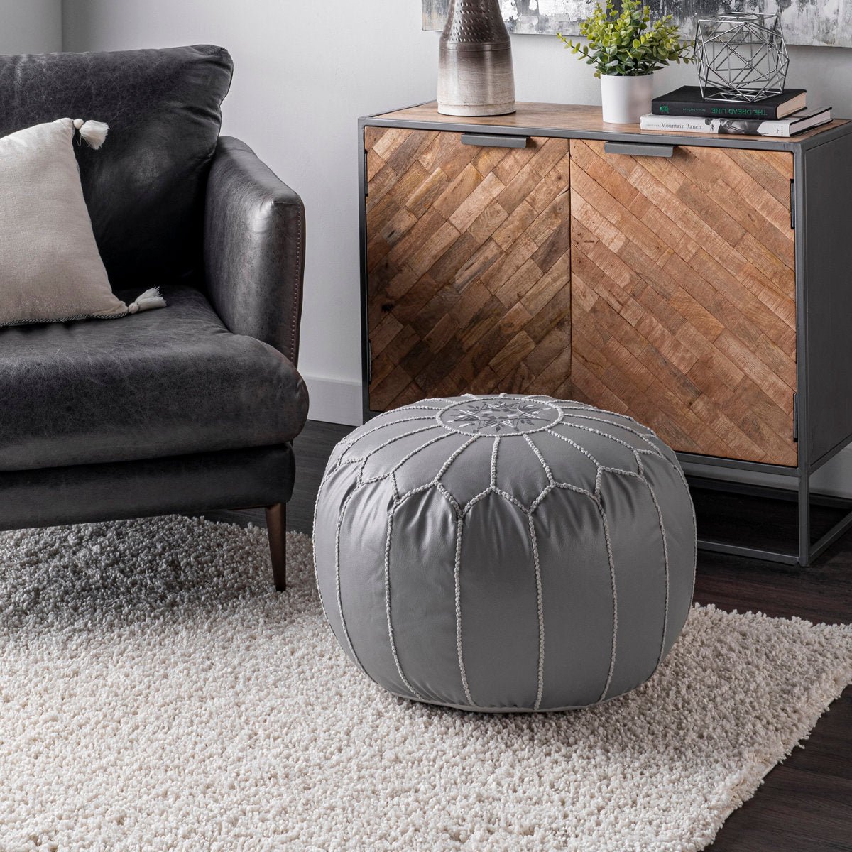 Faux Leather Round Pouf - From Where - 