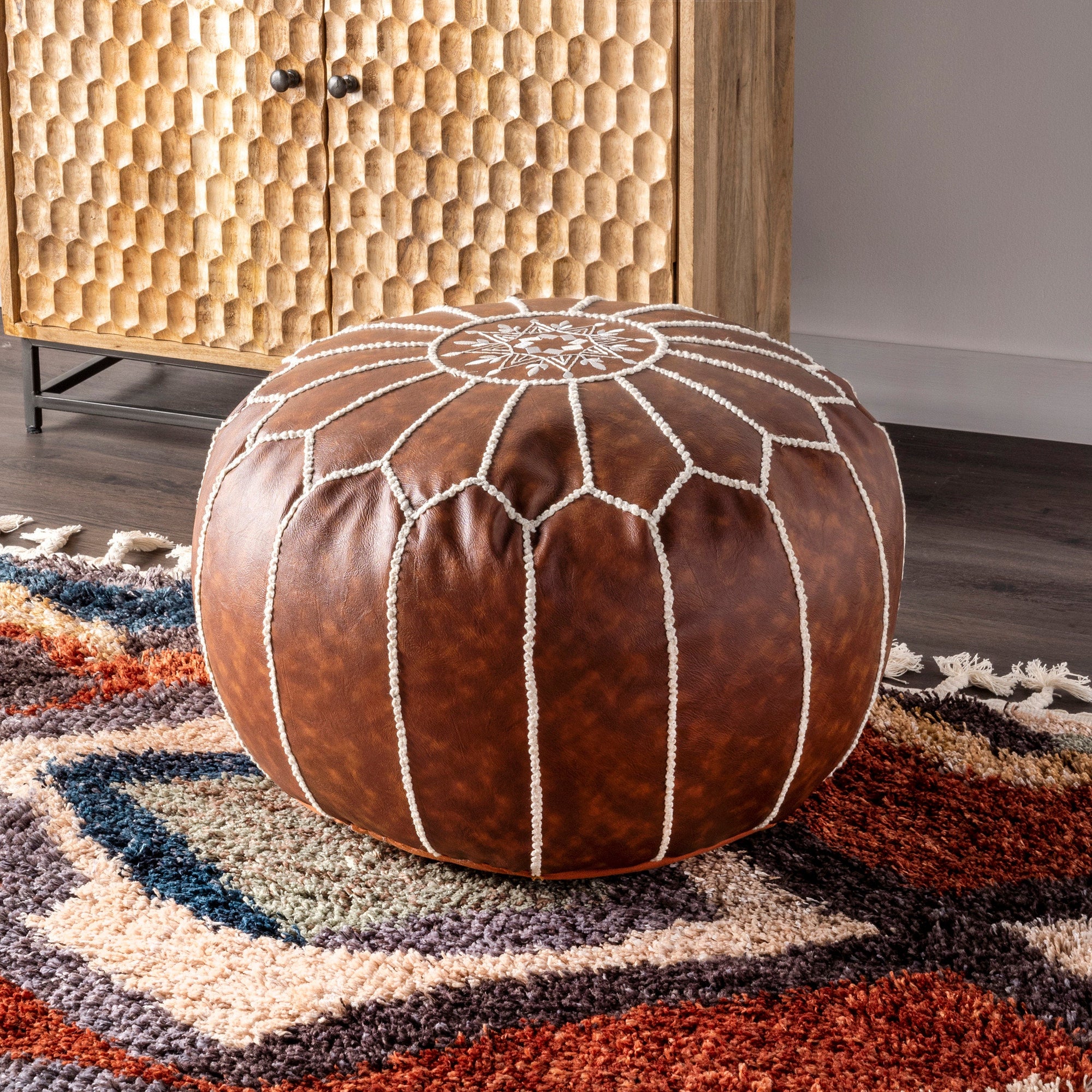 Faux Leather Round Pouf - From Where - 