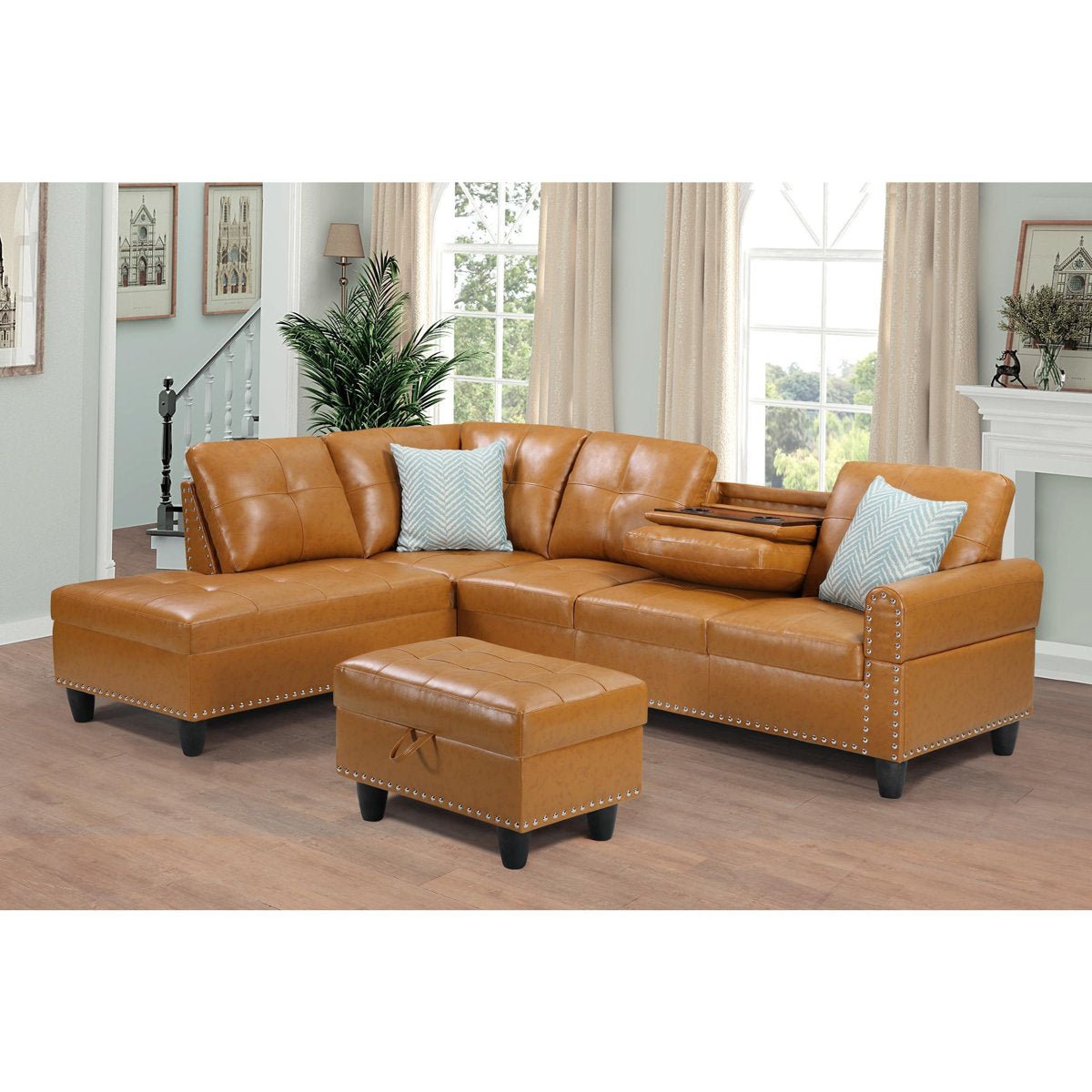 Faux Leather Sectional Sofa with Ottoman - From Where - 