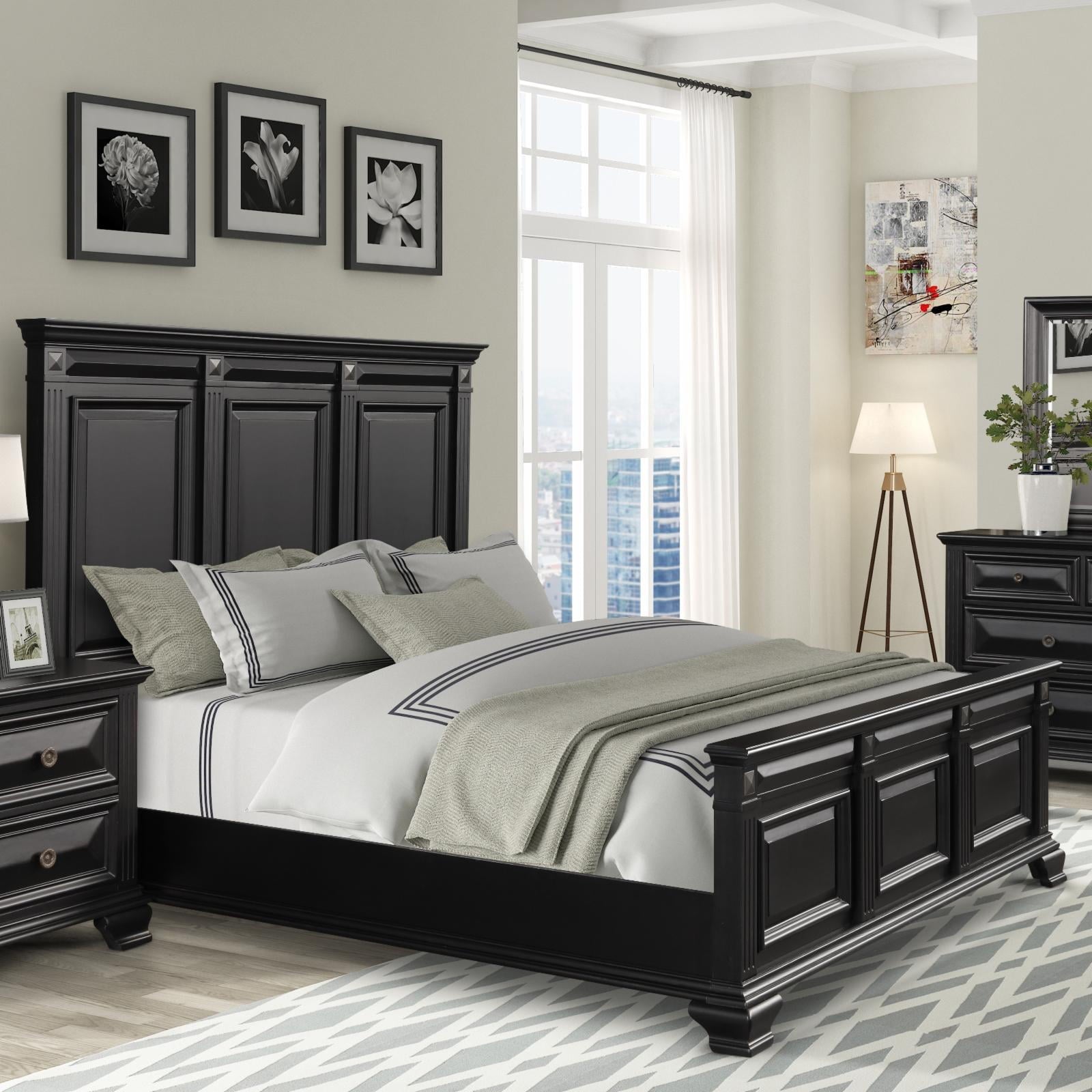 Roundhill Furniture Renova Vintage Black Wood Panel Bed, Queen