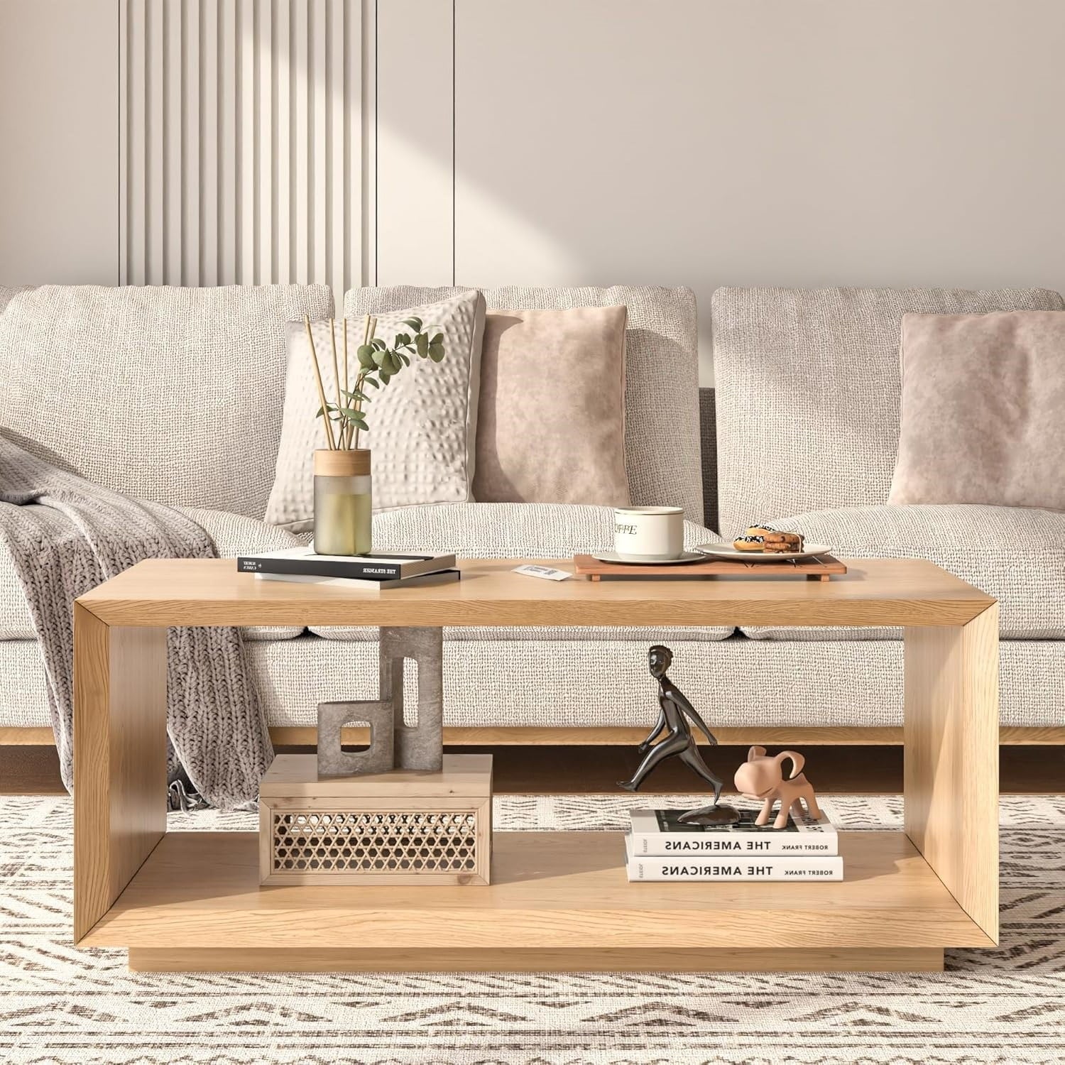 Coffee Table with Storage Shelf, Modern Rectangle Cocktail Table, Wood Center Table for Living Room (Wood)