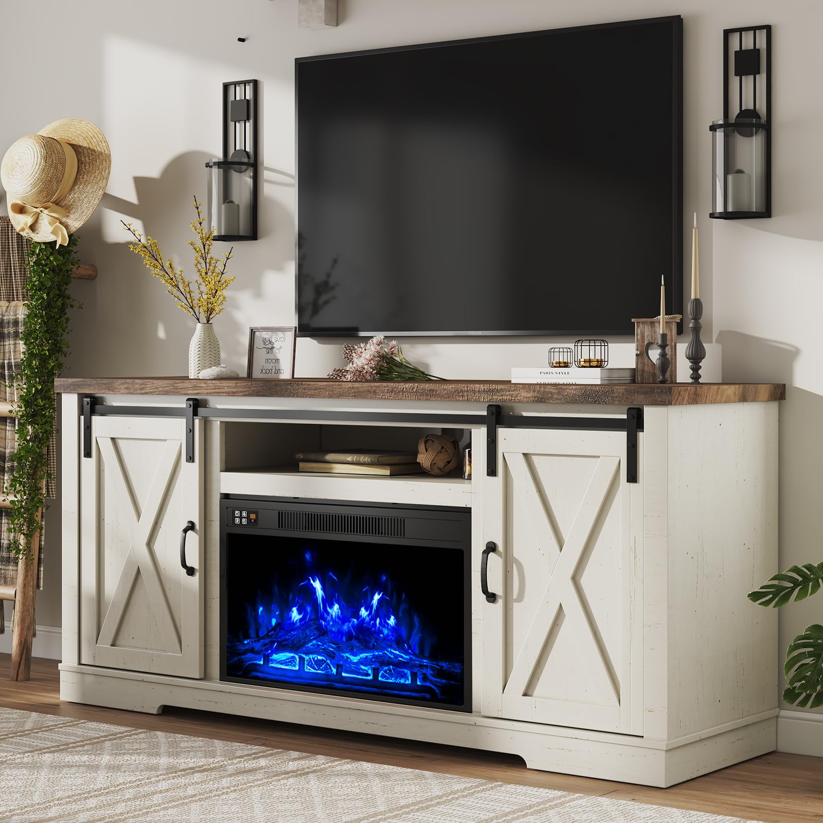 Fireplace TV Stand with Sliding Barn Door - From Where - 