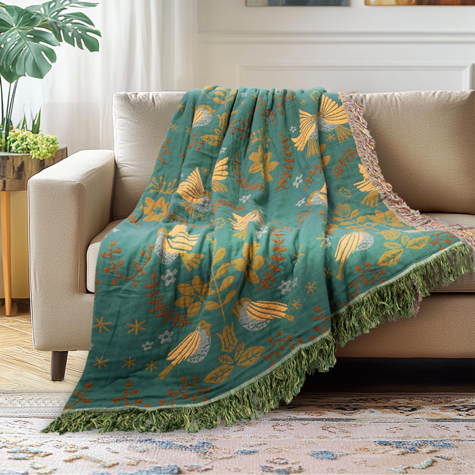 Floral Throw Blanket with Fringe Tassels - From Where - 