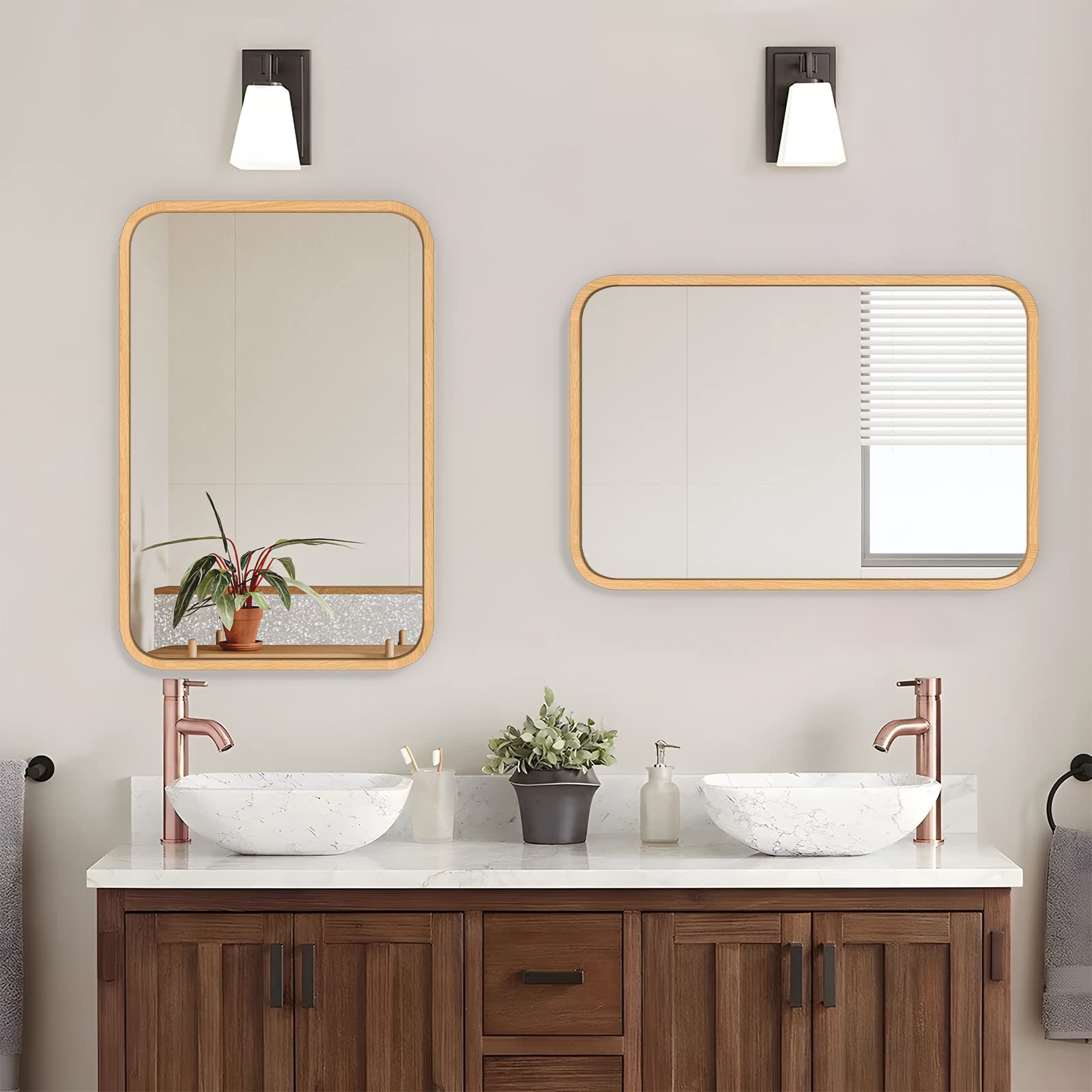 FUWU HOME Wood Bathroom Mirror for Wall 18" x 24" Farmhouse Rounded Corner Rectangle Mirror with Wooden Framed for Home Living Room Bedroom Wall Mounted Decorative Mirror (Natural Beech Wood) - From Where - 