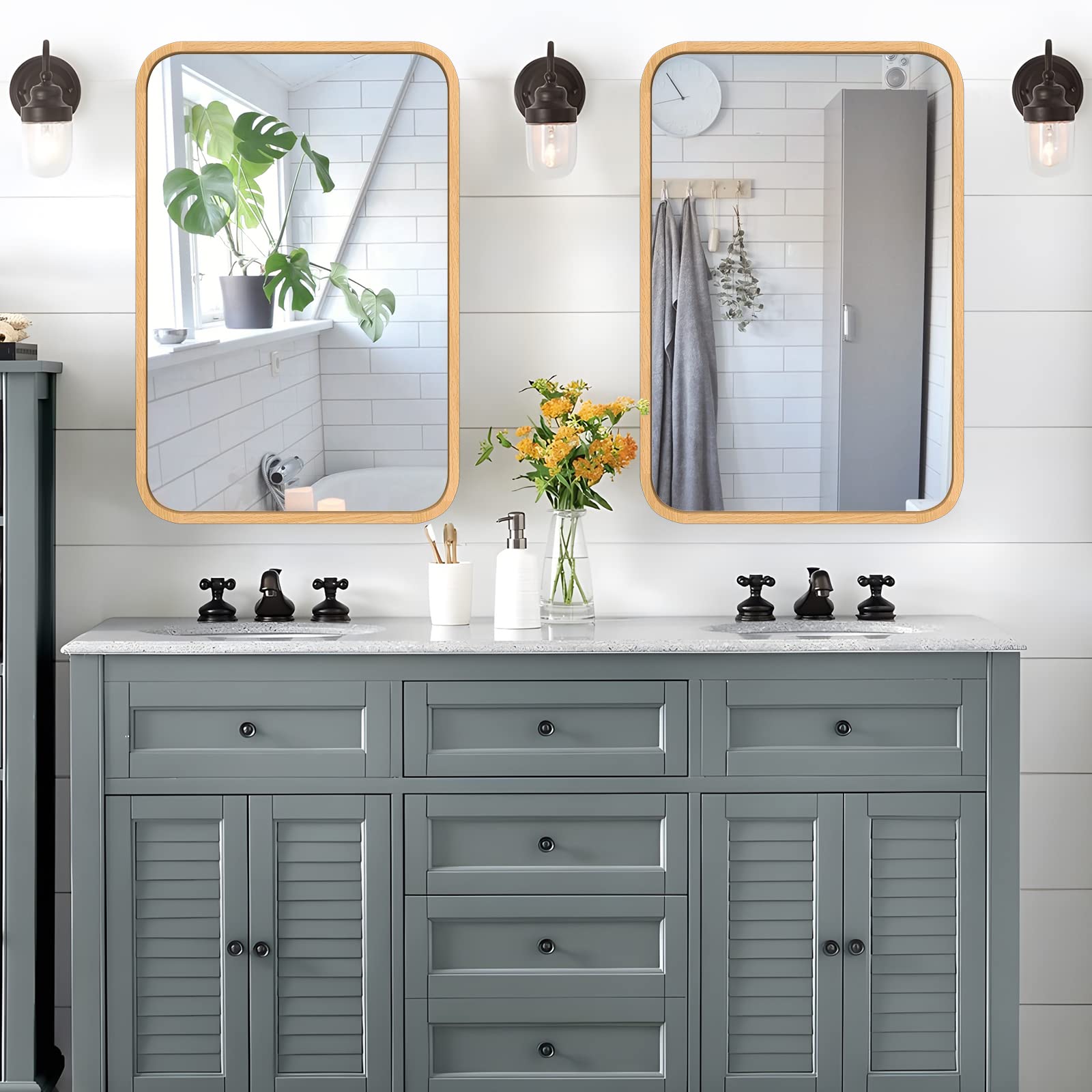 FUWU HOME Wood Bathroom Mirror for Wall 18" x 24" Farmhouse Rounded Corner Rectangle Mirror with Wooden Framed for Home Living Room Bedroom Wall Mounted Decorative Mirror (Natural Beech Wood) - From Where - 