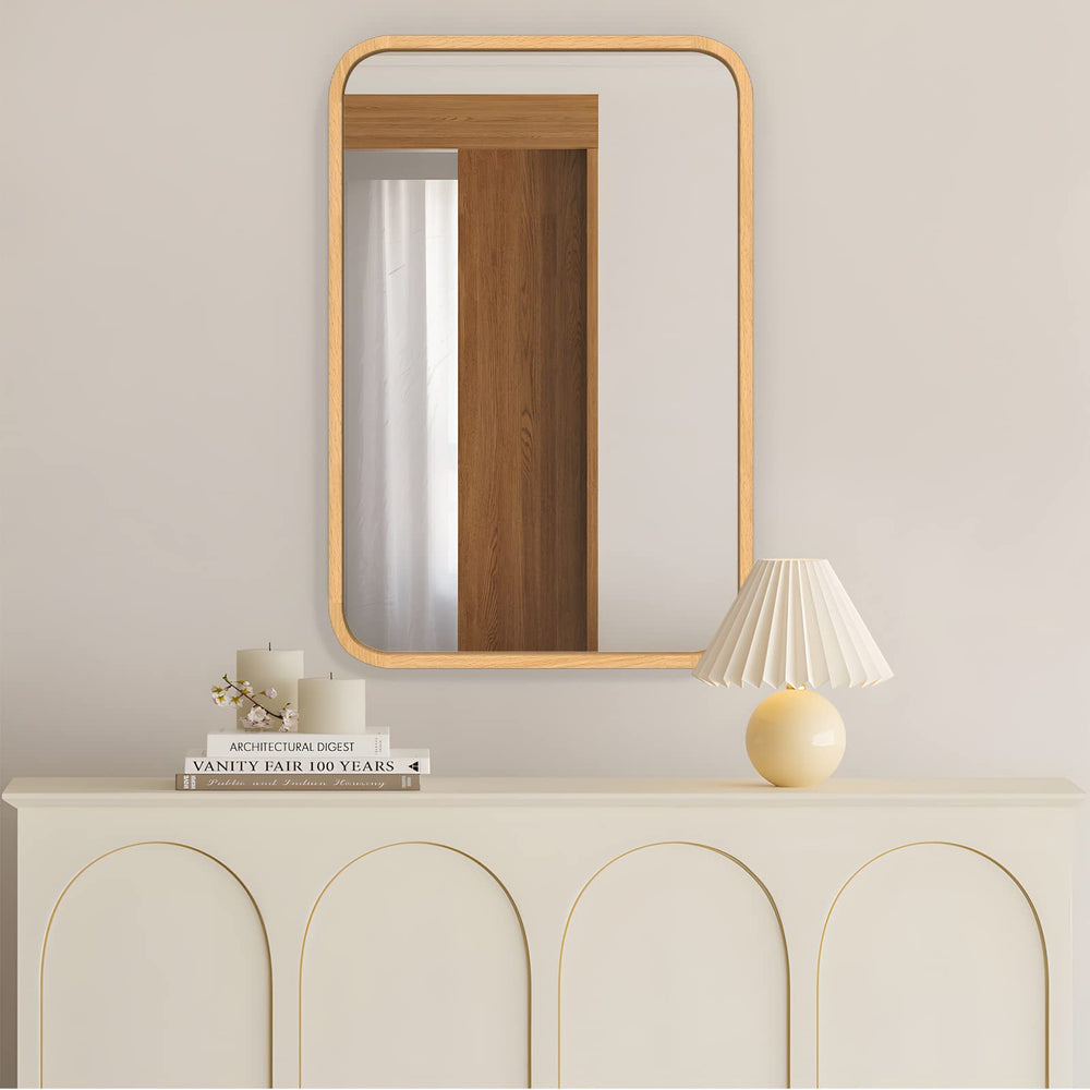 FUWU HOME Wood Bathroom Mirror for Wall 18" x 24" Farmhouse Rounded Corner Rectangle Mirror with Wooden Framed for Home Living Room Bedroom Wall Mounted Decorative Mirror (Natural Beech Wood) - From Where - 