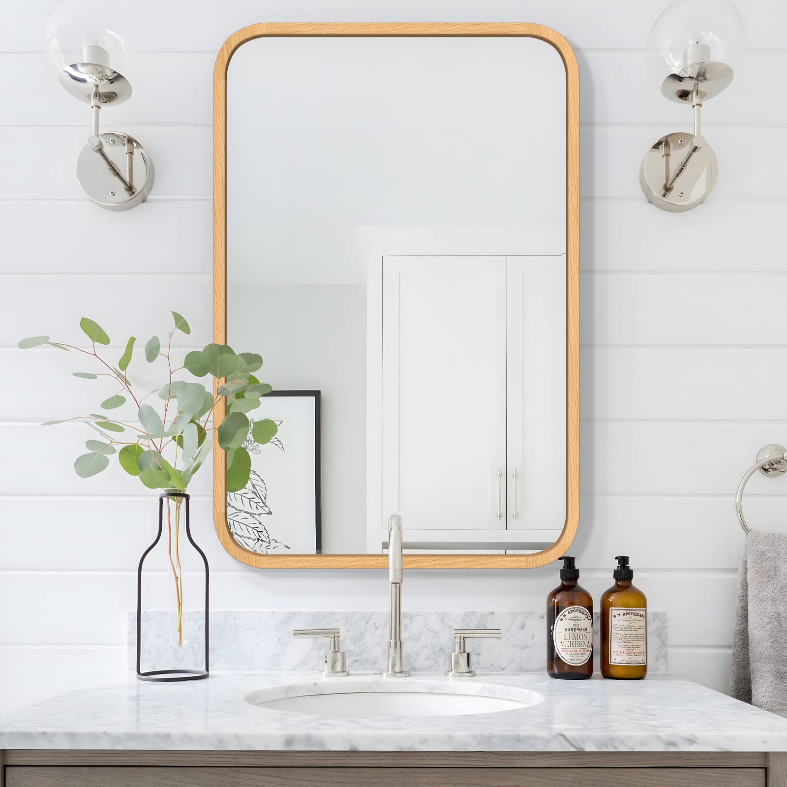 FUWU HOME Wood Bathroom Mirror for Wall 18" x 24" Farmhouse Rounded Corner Rectangle Mirror with Wooden Framed for Home Living Room Bedroom Wall Mounted Decorative Mirror (Natural Beech Wood) - From Where - 