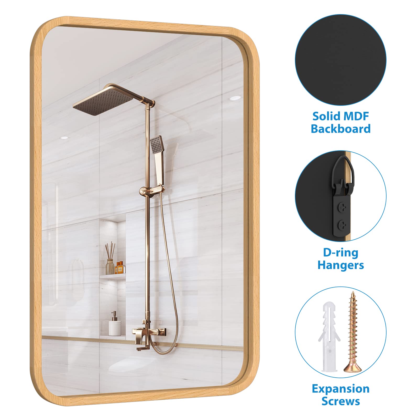 FUWU HOME Wood Bathroom Mirror for Wall 18&quot; x 24&quot; Farmhouse Rounded Corner Rectangle Mirror with Wooden Framed for Home Living Room Bedroom Wall Mounted Decorative Mirror (Natural Beech Wood) - From Where - 