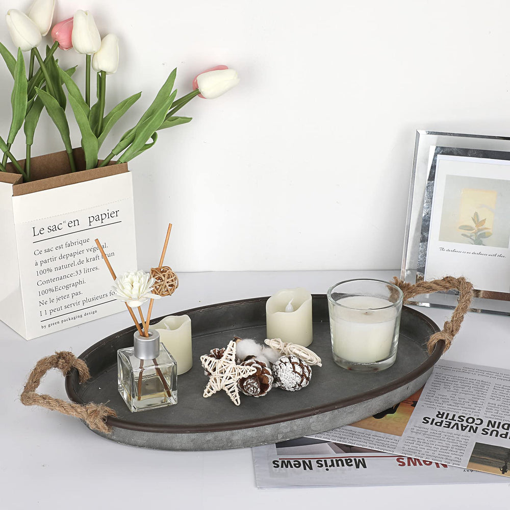 Galvanized Metal Iron Oval Tray with Rope Handle - From Where - 