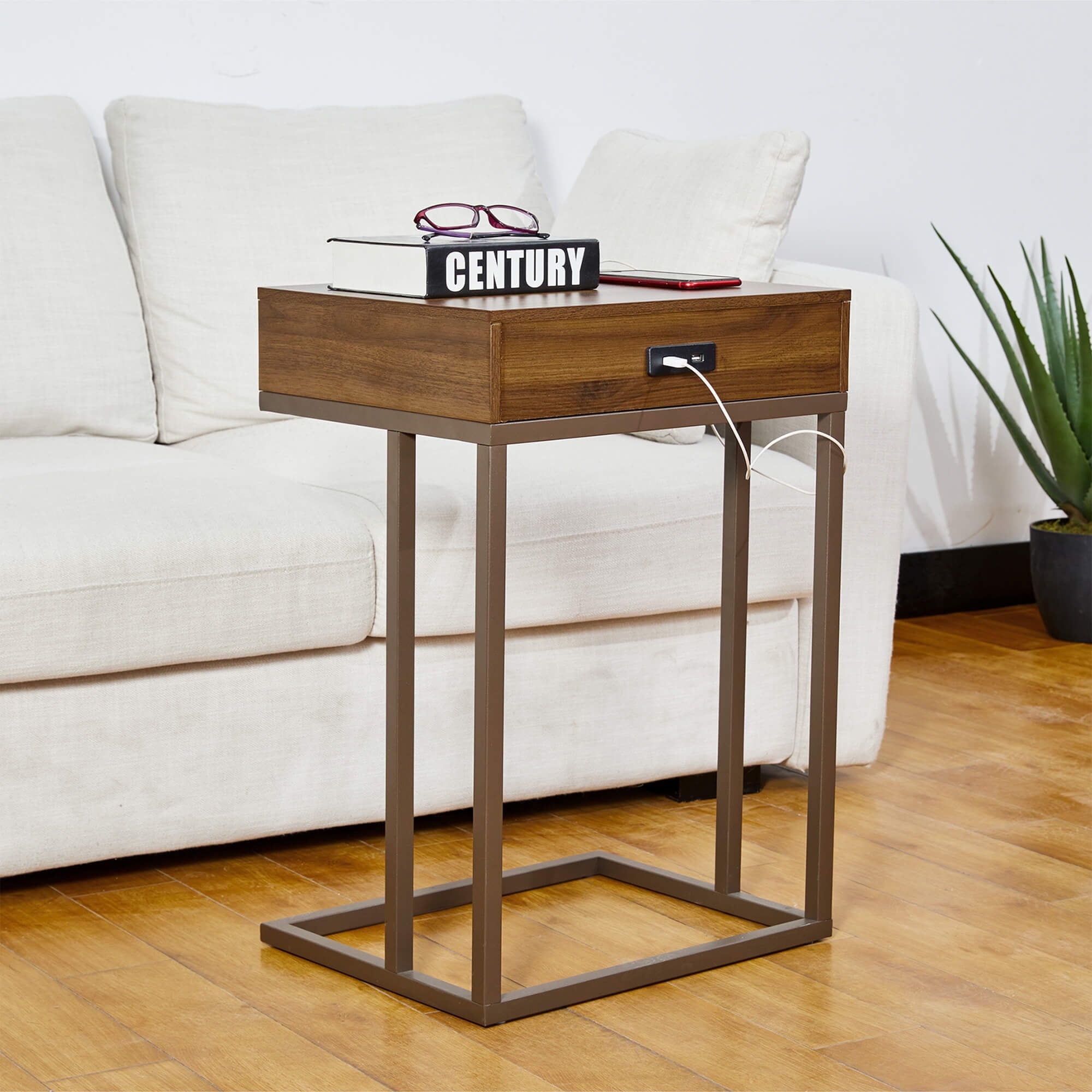 Glitzhome 26" Height End Table Modern Industry Design with 2 USB Charging Ports Side Table - From Where - 