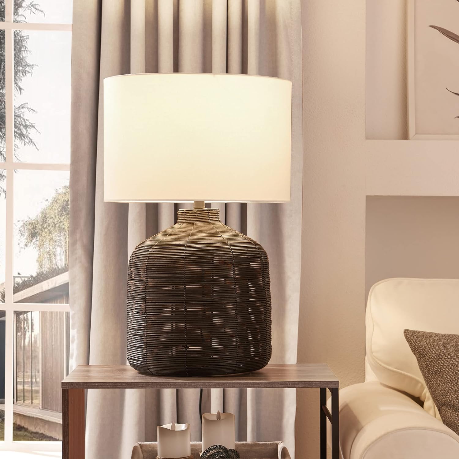 Henn&Hart 27" Tall Oversized/Rattan Table Lamp with Fabric Shade in Black Rattan/White, Lamp, Desk Lamp for Home or Office - From Where - 