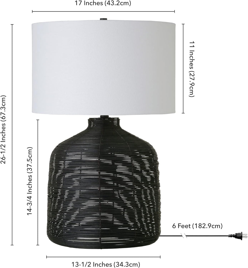 Henn&amp;Hart 27" Tall Oversized/Rattan Table Lamp with Fabric Shade in Black Rattan/White, Lamp, Desk Lamp for Home or Office - From Where - 