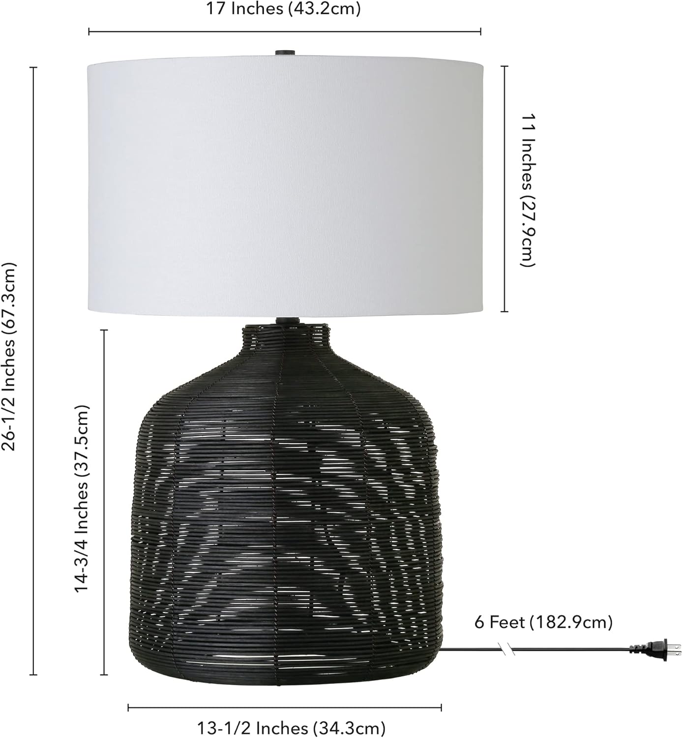 Henn&Hart 27" Tall Oversized/Rattan Table Lamp with Fabric Shade in Black Rattan/White, Lamp, Desk Lamp for Home or Office - From Where - 