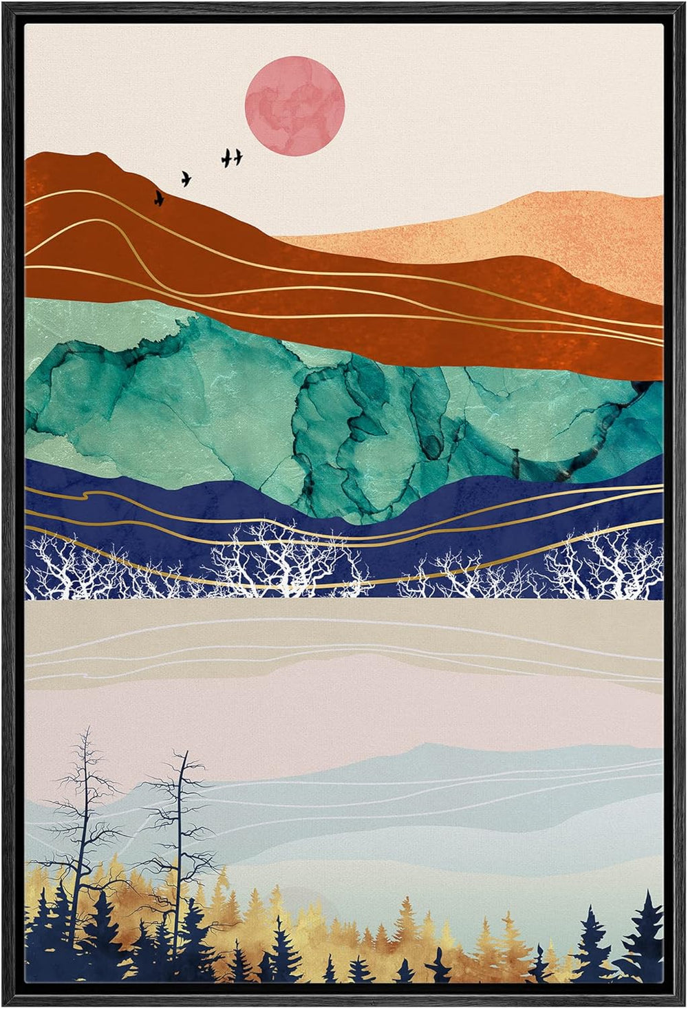 IDEA4WALL Framed Canvas Print Wall Art Sage Green Mid - Century Modern Color Blocks Abstract Shapes Illustrations Modern Art Decorative Minimalist Relax/Cozy Multicolor for Bedroom - 16"x24" Black - From Where - 