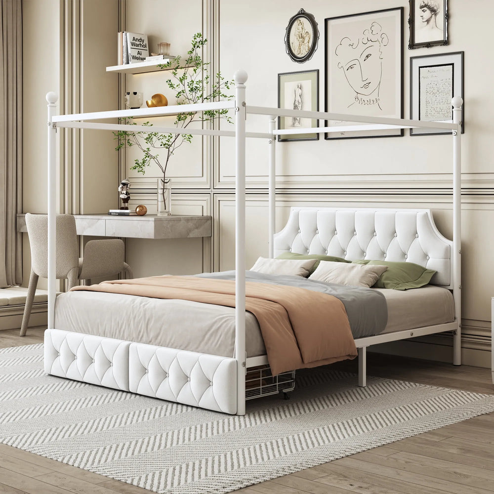 Queen Size White Canopy Platform Bed