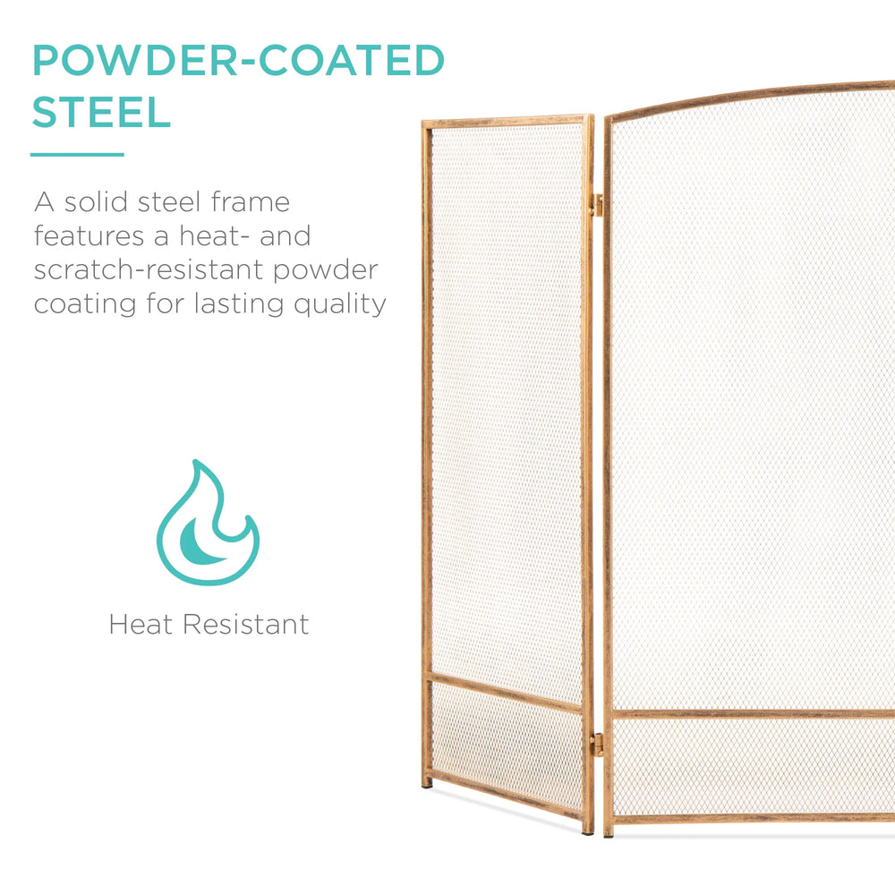 3-Panel Steel Mesh Gold Fireplace Screen