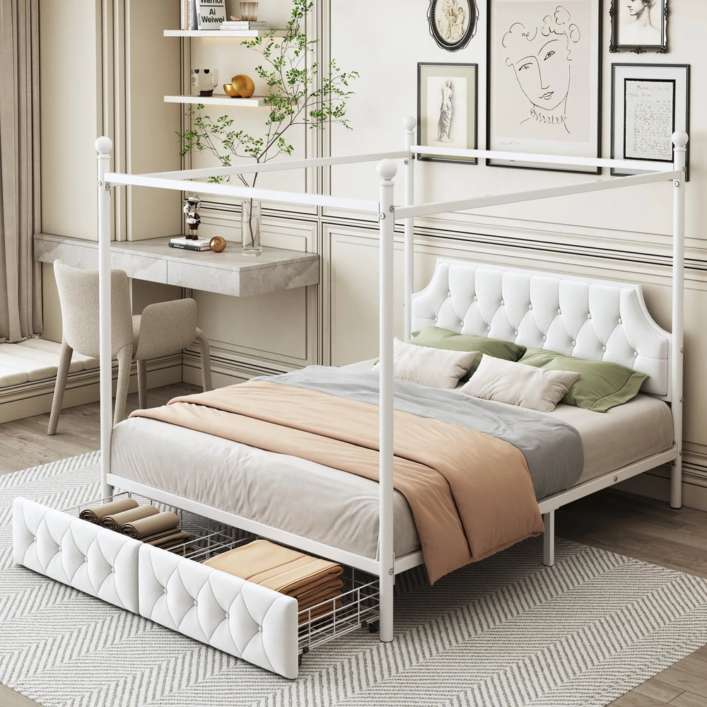 Queen Size White Canopy Platform Bed