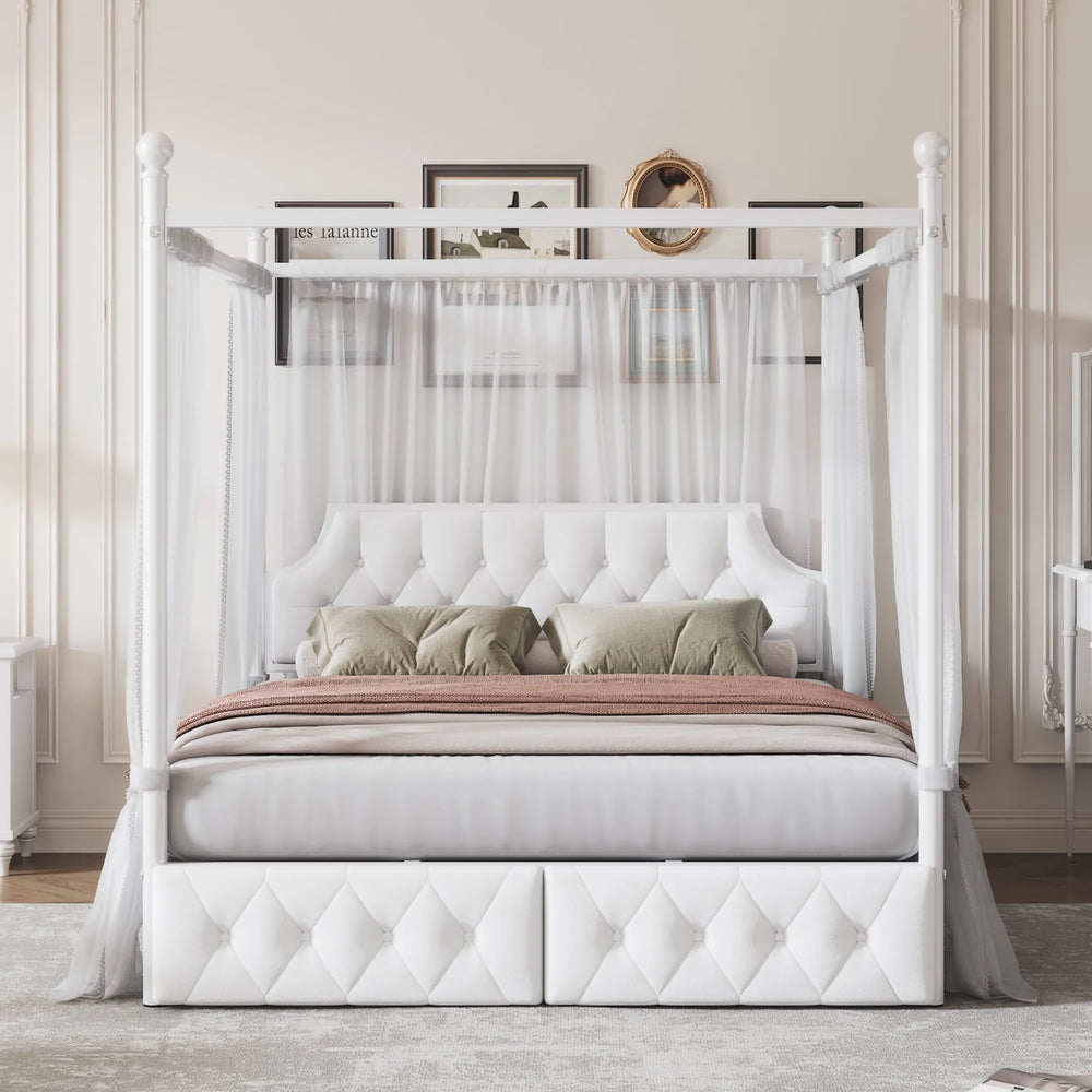 Queen Size White Canopy Platform Bed