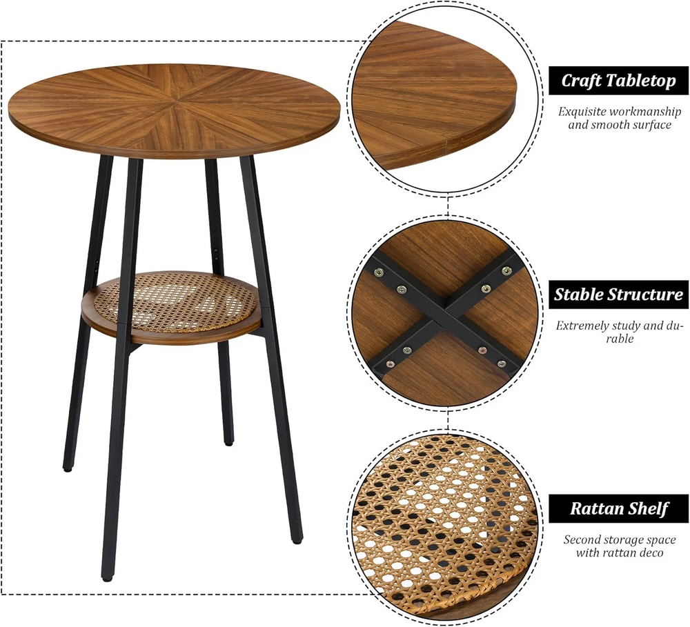 Bar Height Table with Rattan Shelf