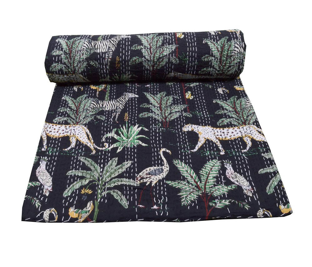 Indian Floral Print Kantha Bedspread - From Where - 