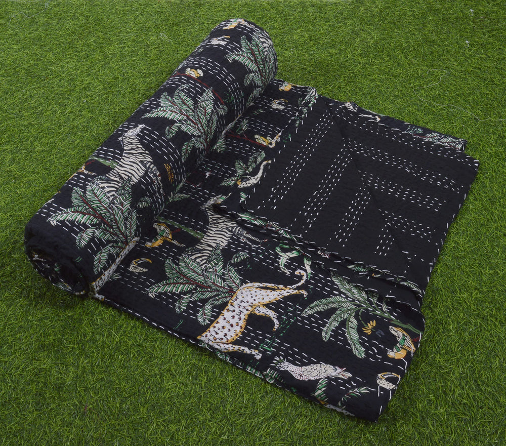 Indian Floral Print Kantha Bedspread - From Where - 