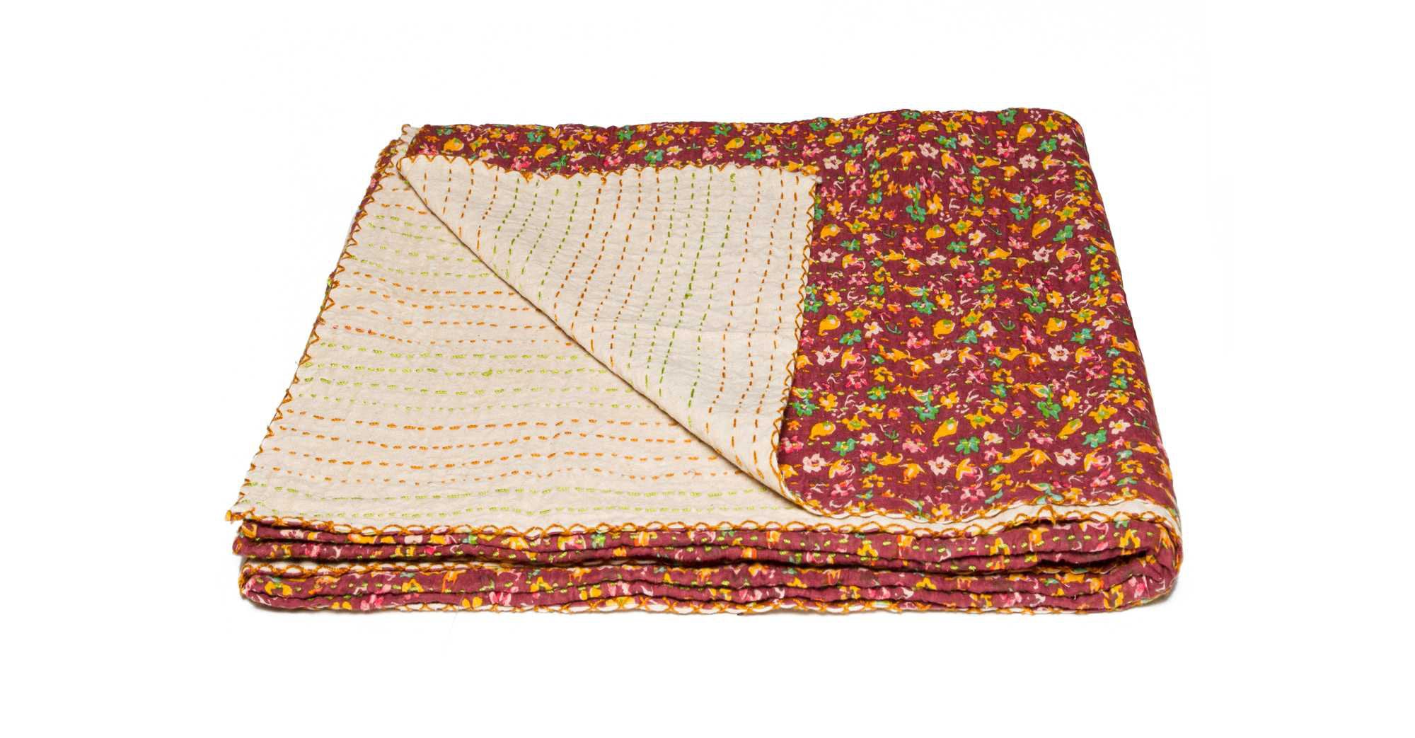 Kantha Cotton Floral Throw Blanket - From Where - 
