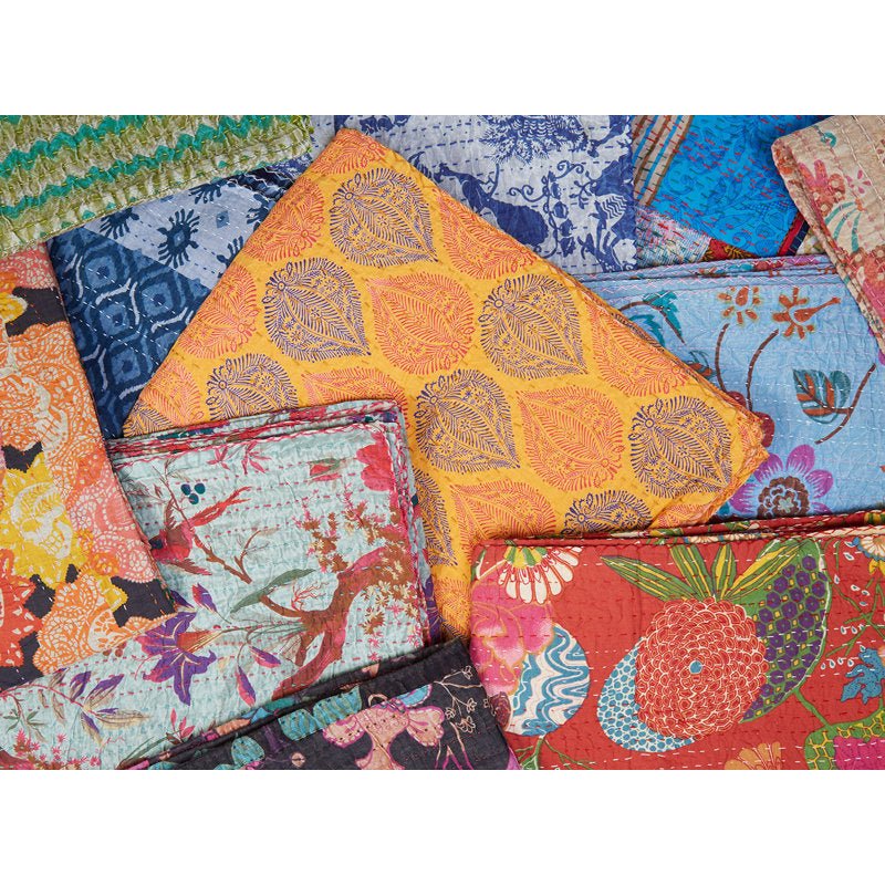 Kantha Cotton Floral Throw Blanket - From Where - 