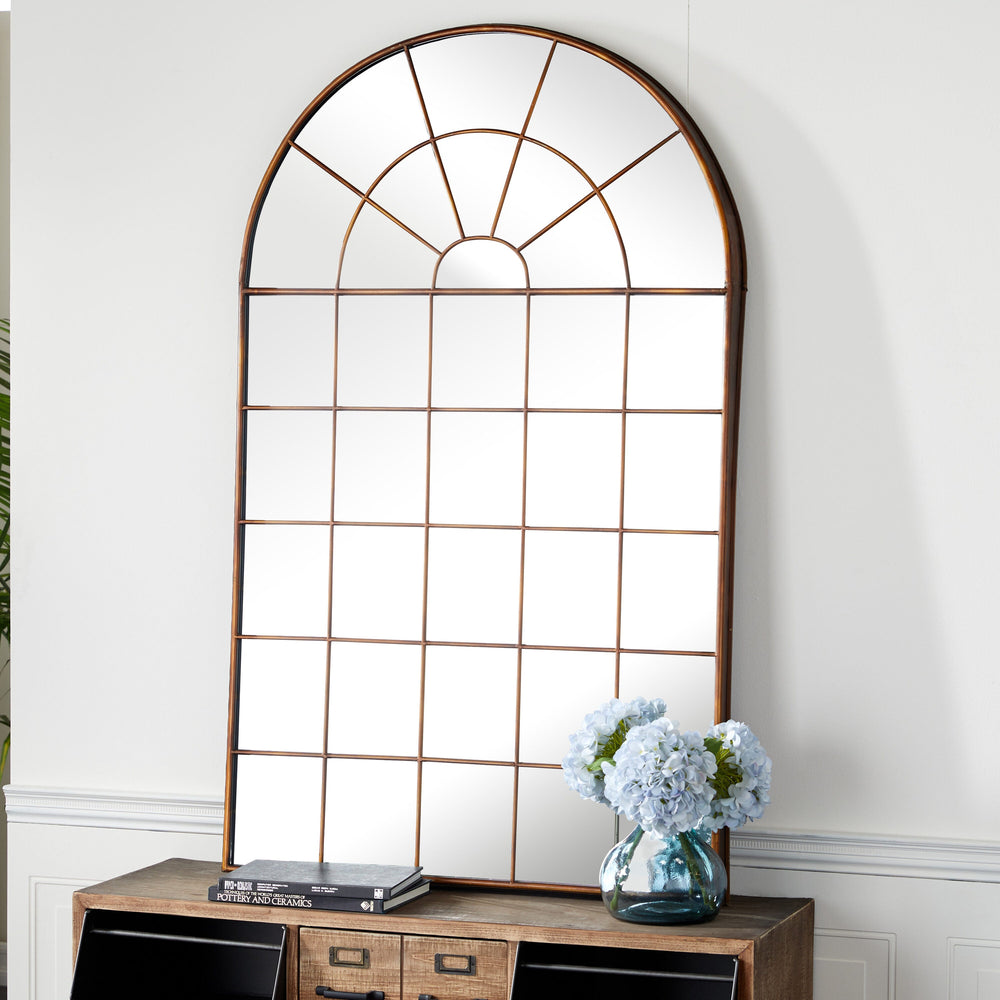 Large Arched Vertical Metal and Wood Brown Wall Mirror - From Where - 