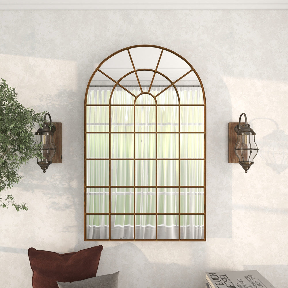 Large Arched Vertical Metal and Wood Brown Wall Mirror - From Where - 