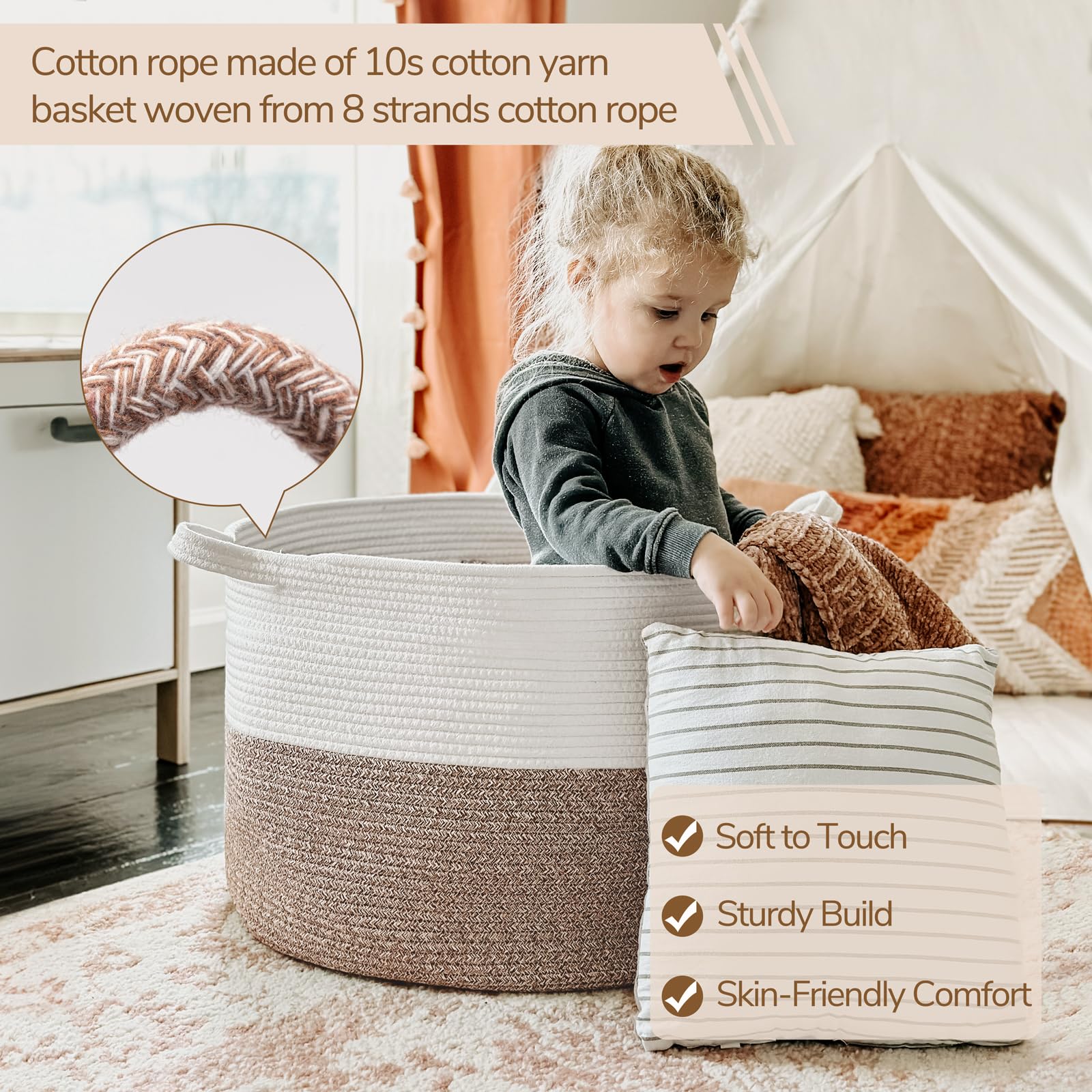 Large Cotton Rope Basket 21.7" x 21.7" x 13.8" - From Where - 