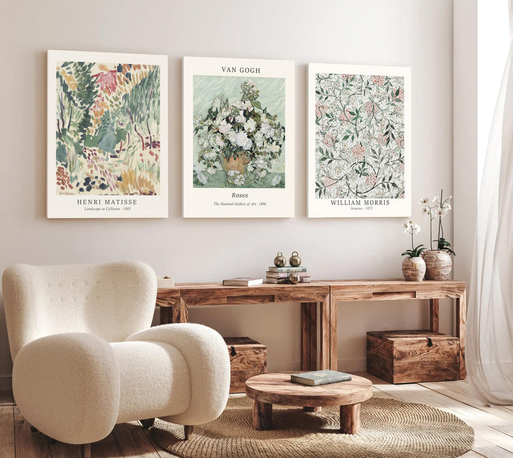 Large Framed Sage Green Vintage Wall Art Canvas Decor Set of 3 - From Where - 