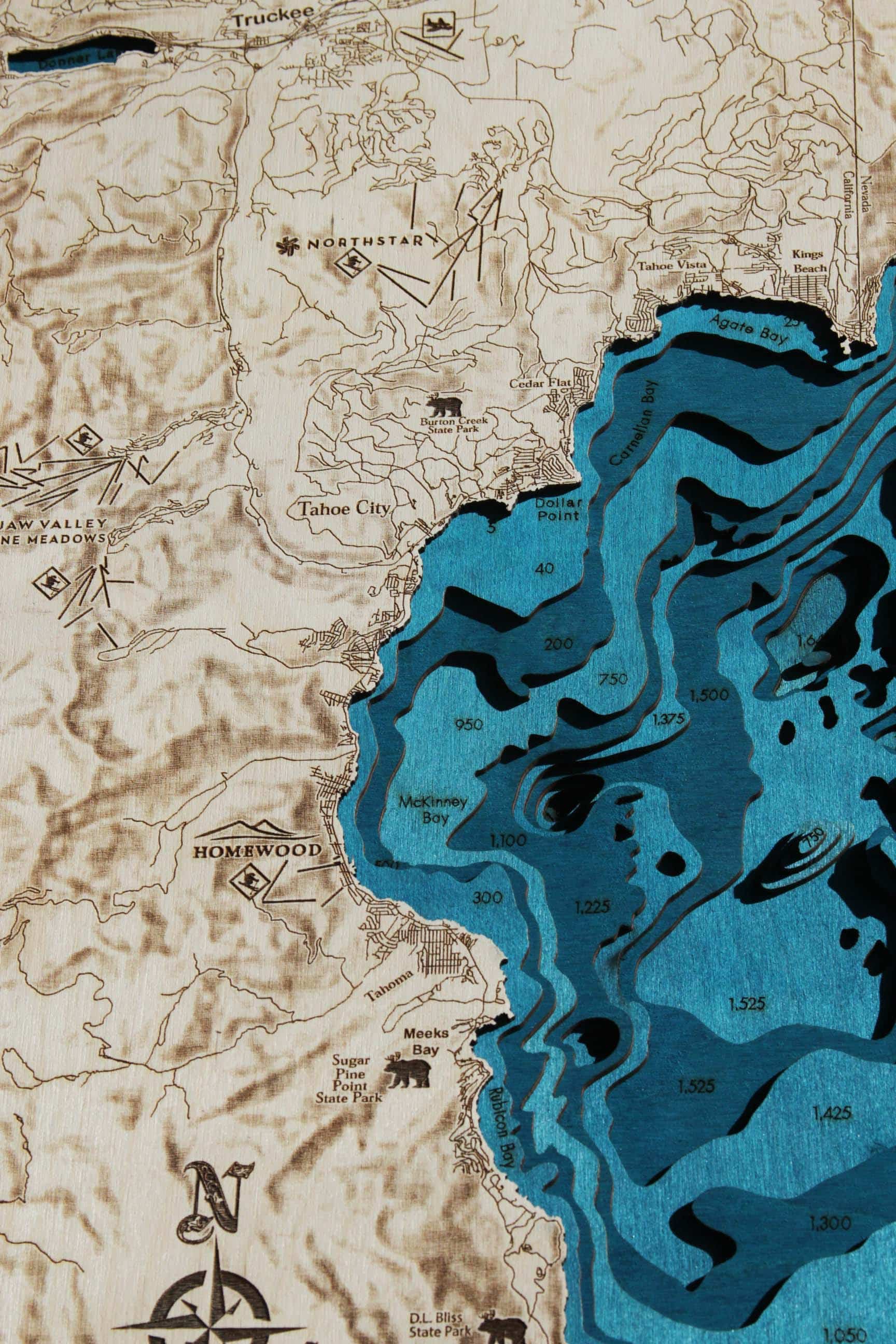 Large Lake Tahoe Hillshade 3D Wood Map - From Where - 