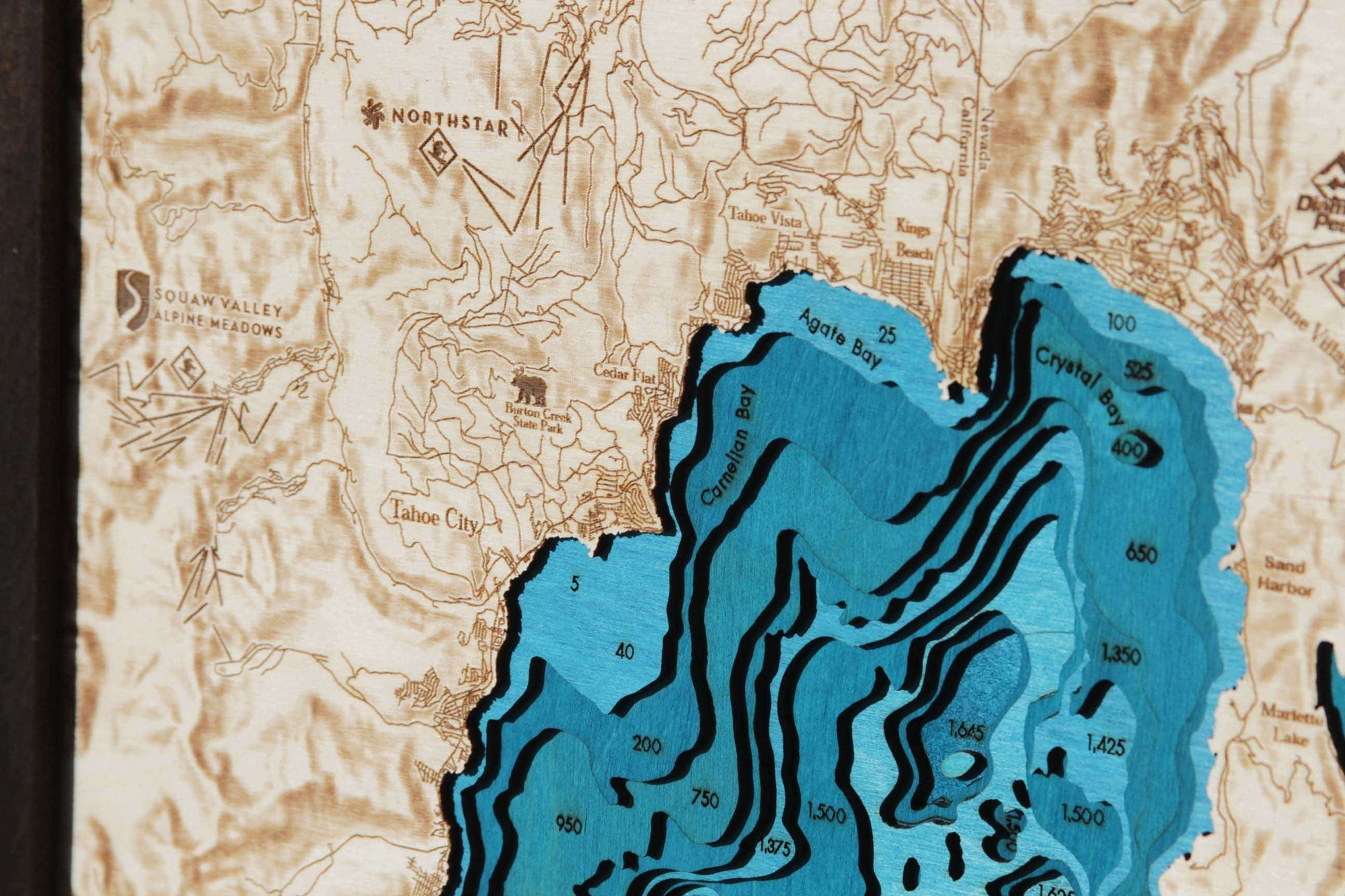 Large Lake Tahoe Hillshade 3D Wood Map - From Where - 