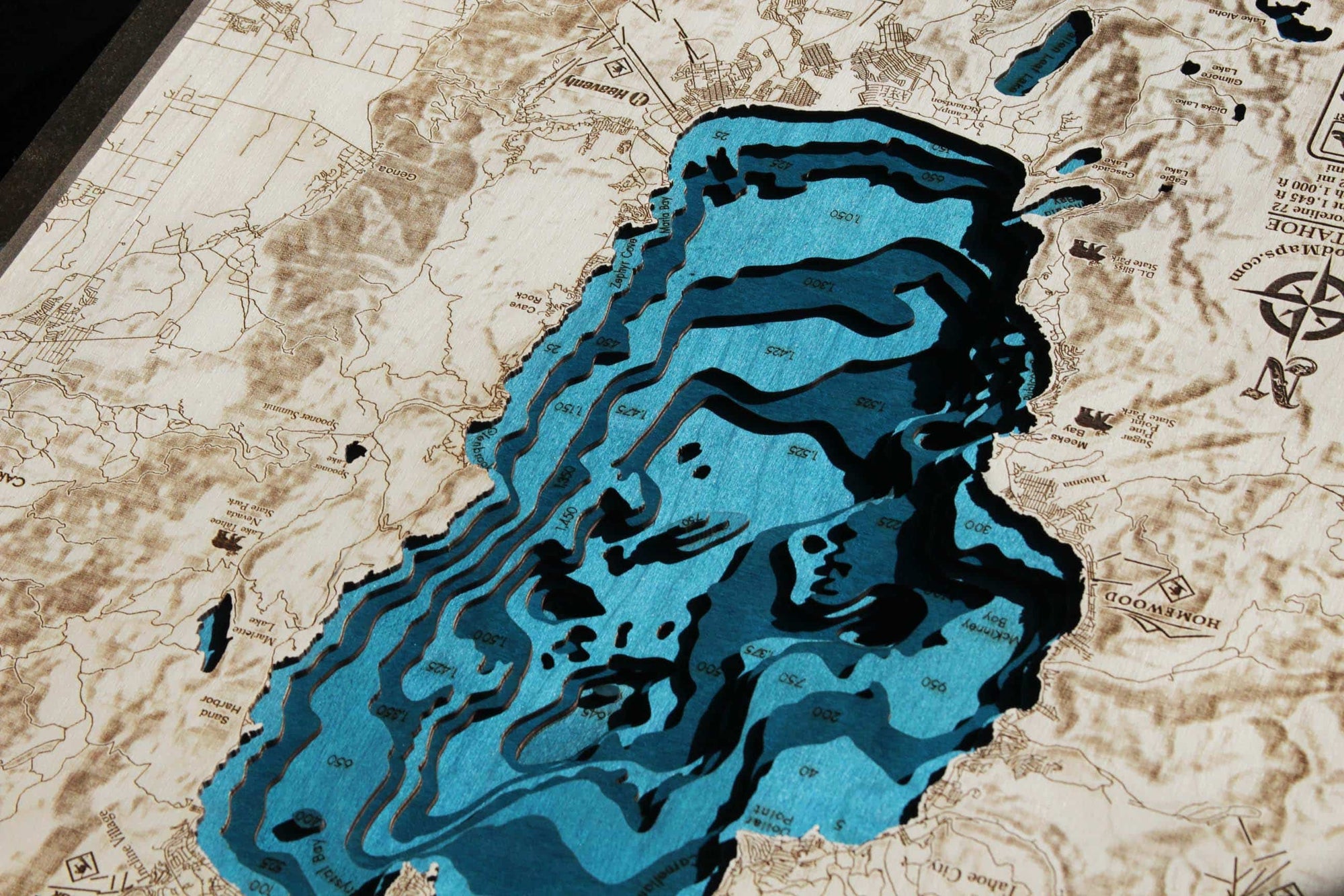 Large Lake Tahoe Hillshade 3D Wood Map - From Where - 