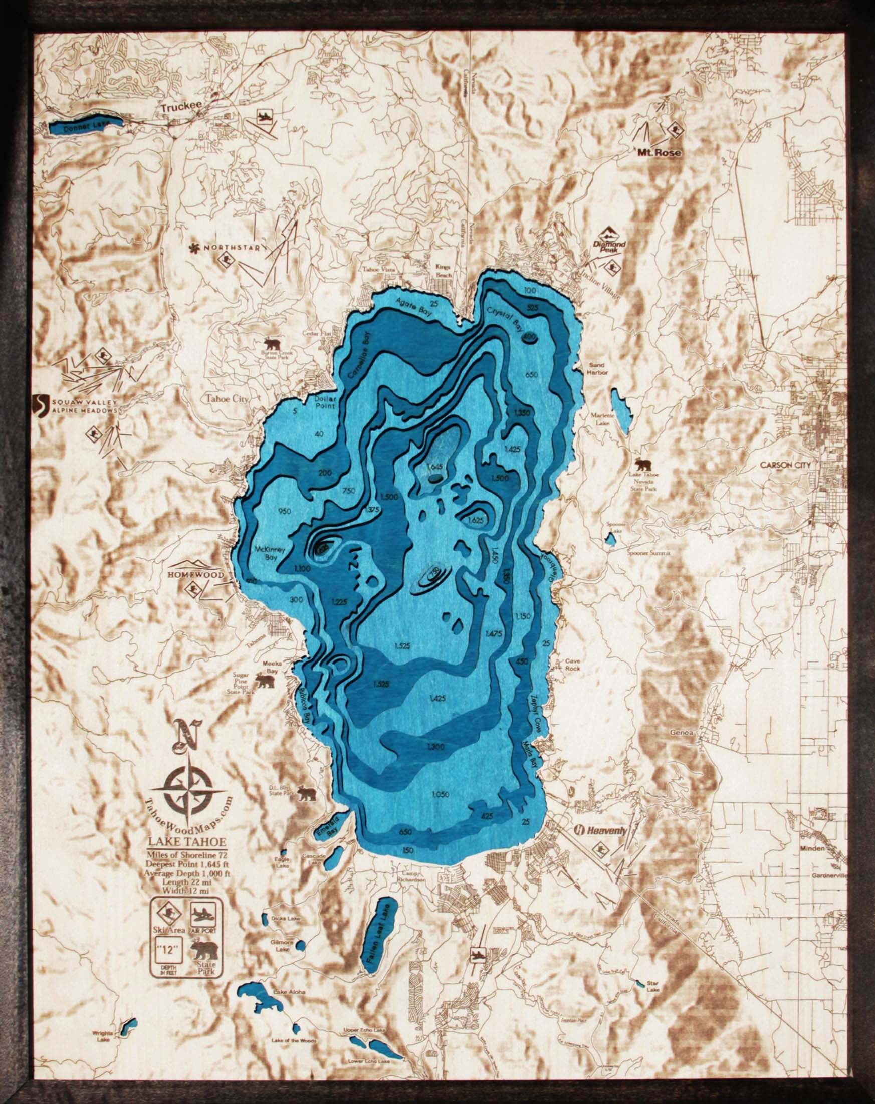 Large Lake Tahoe Hillshade 3D Wood Map - From Where - 