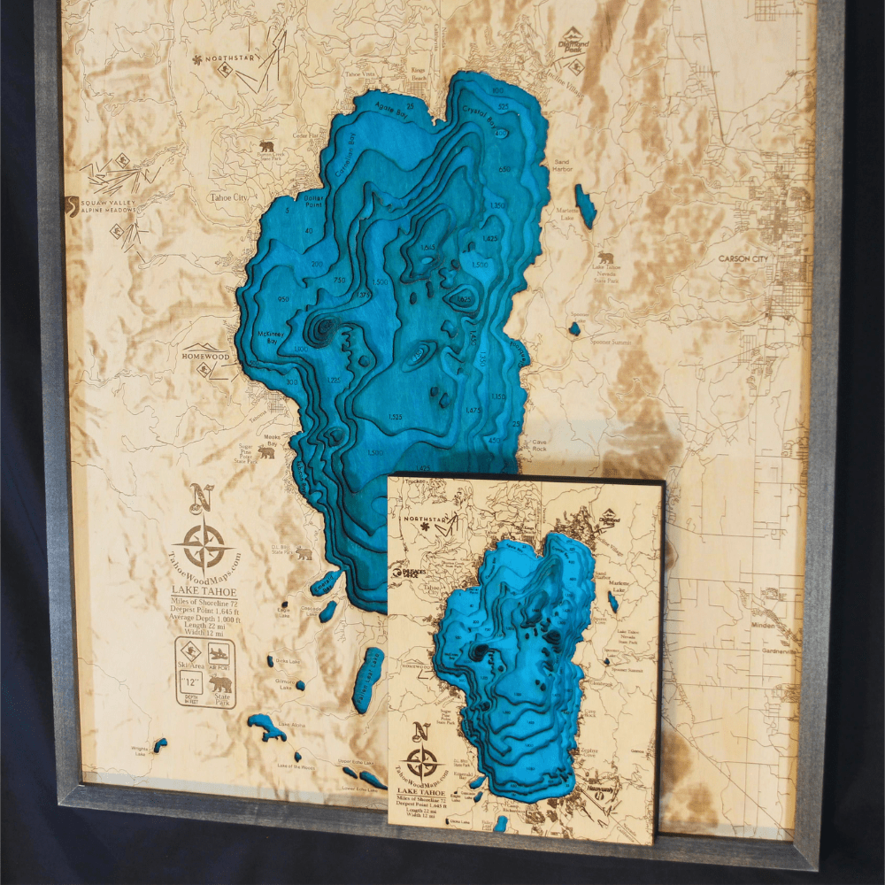 Large Lake Tahoe Hillshade 3D Wood Map - From Where - 