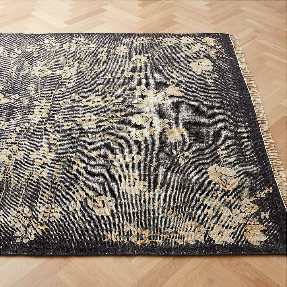 Lavish Hand - Knotted Black Floral Wool Area Rug - From Where - 