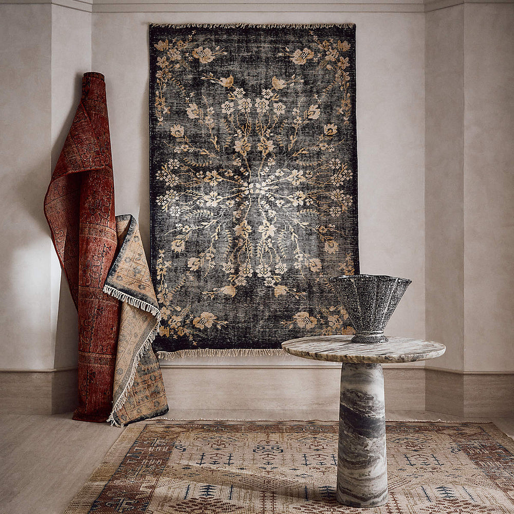 Lavish Hand - Knotted Black Floral Wool Area Rug - From Where - 