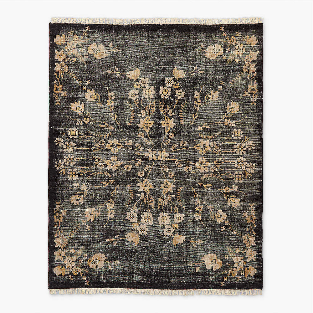 Lavish Hand - Knotted Black Floral Wool Area Rug - From Where - 