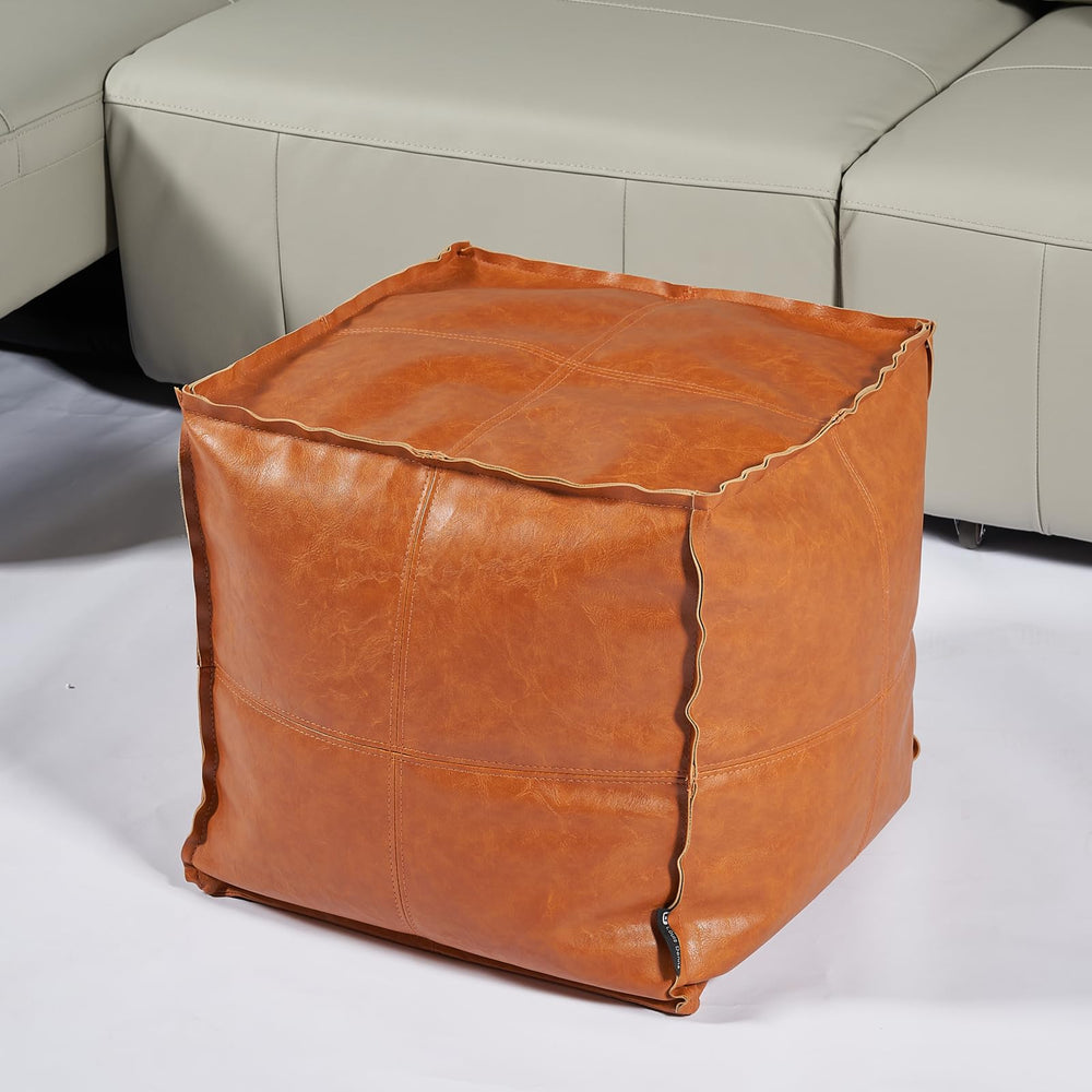 Louis Donné Moroccan Unstuffed Pouf Cover, Faux Leather Poofy Ottoman Footstool For living room Decoration Square Foot Rest for Storage Orange Floor Cushion Footrest 17.7 Inch (Only Cover) (No Filler) - From Where - 