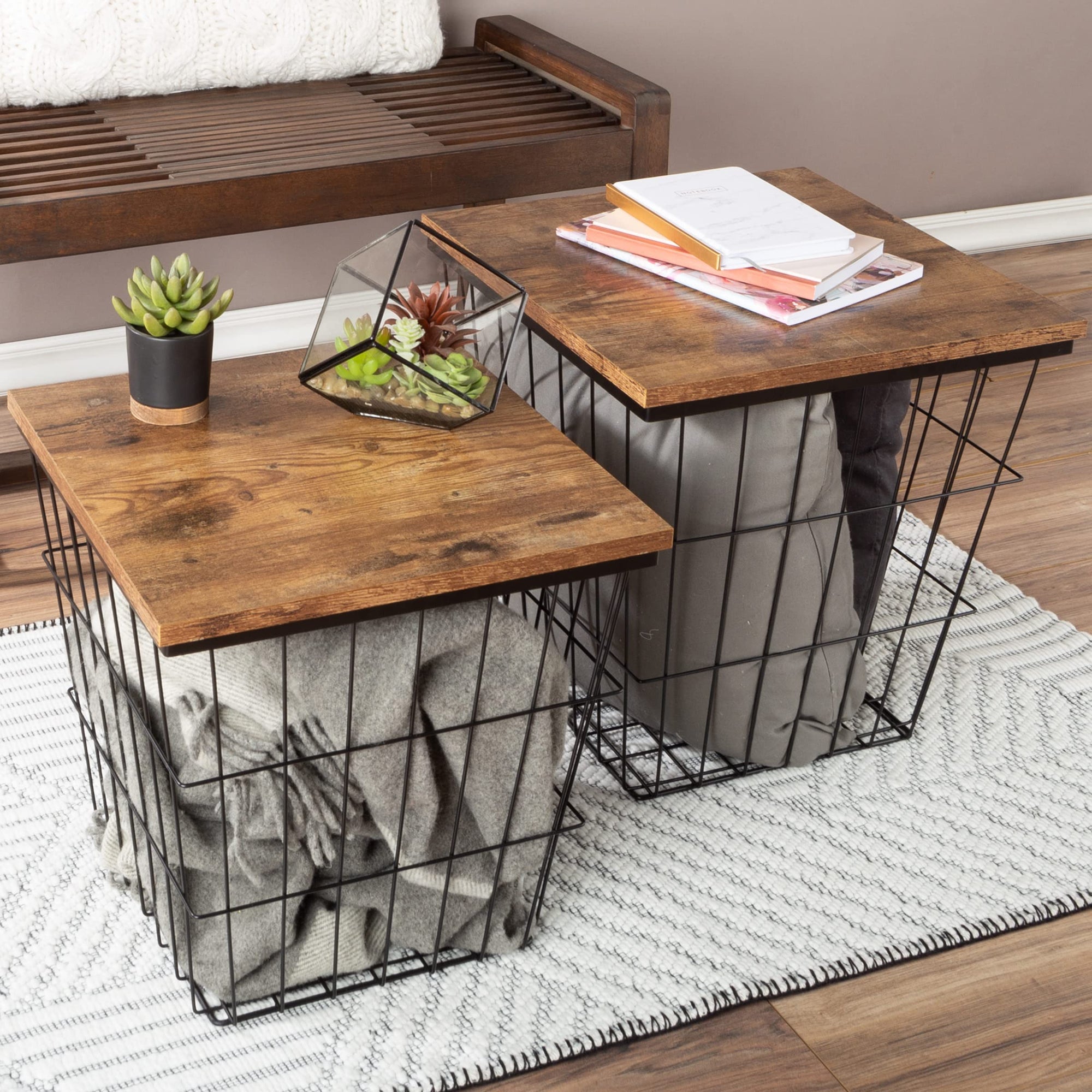 Nesting Tables with Removable Wood Tops and Metal Basket Bases for Blanket Storage - From Where - 