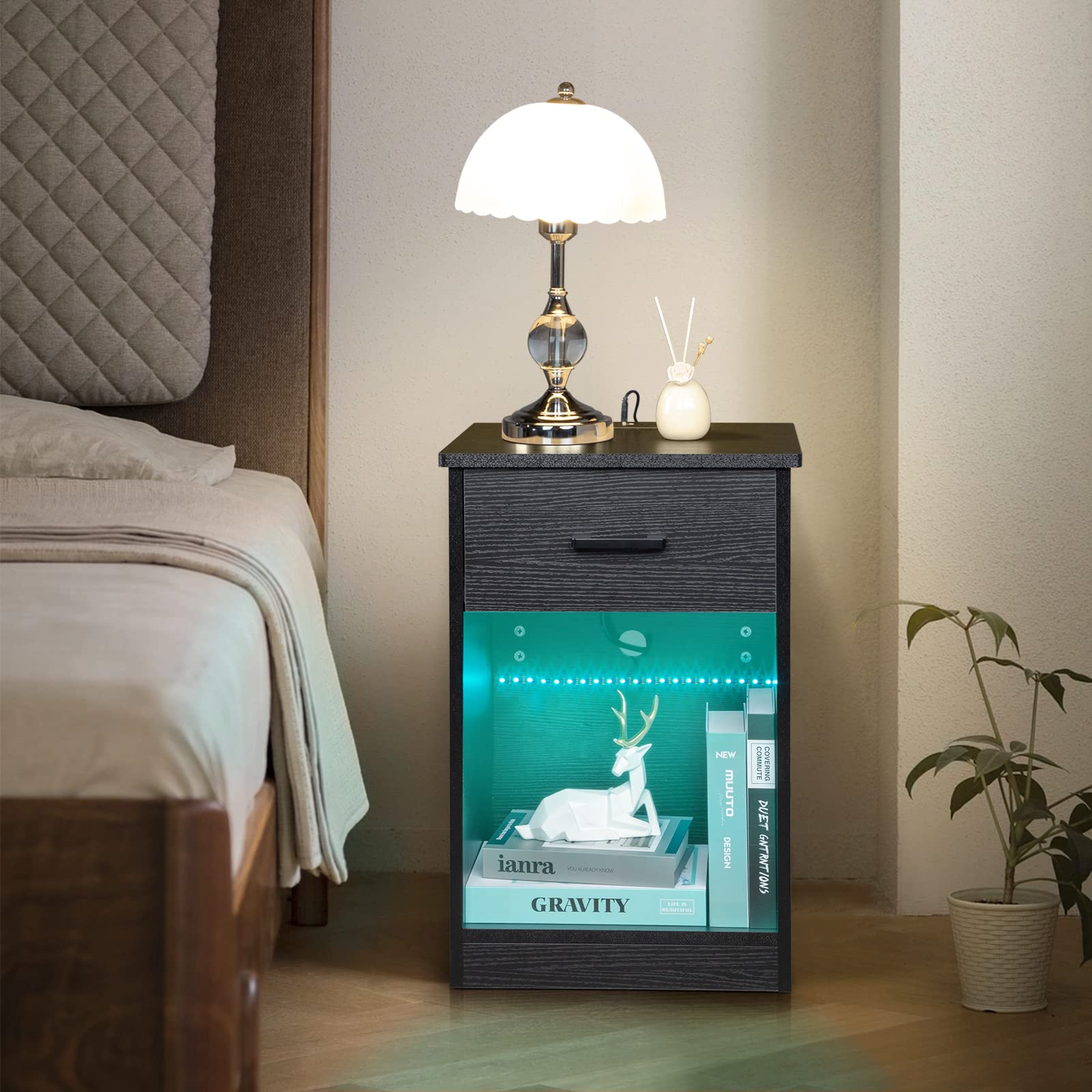 Night Stand with Drawer and and LED Lights - From Where - 