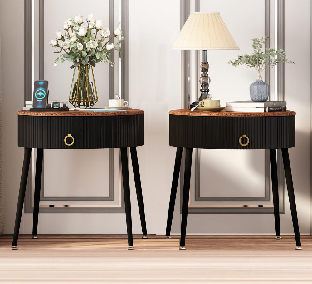 OIOG Side Tables Set of 2, Round Nightstand with Drawer, Modern Bedside End Tables for Small Space, Living Room, Bedroom, Office, Dorm, Rustic Brown and Black - From Where - 