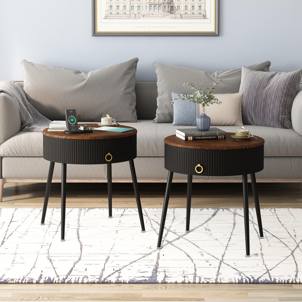 OIOG Side Tables Set of 2, Round Nightstand with Drawer, Modern Bedside End Tables for Small Space, Living Room, Bedroom, Office, Dorm, Rustic Brown and Black - From Where - 