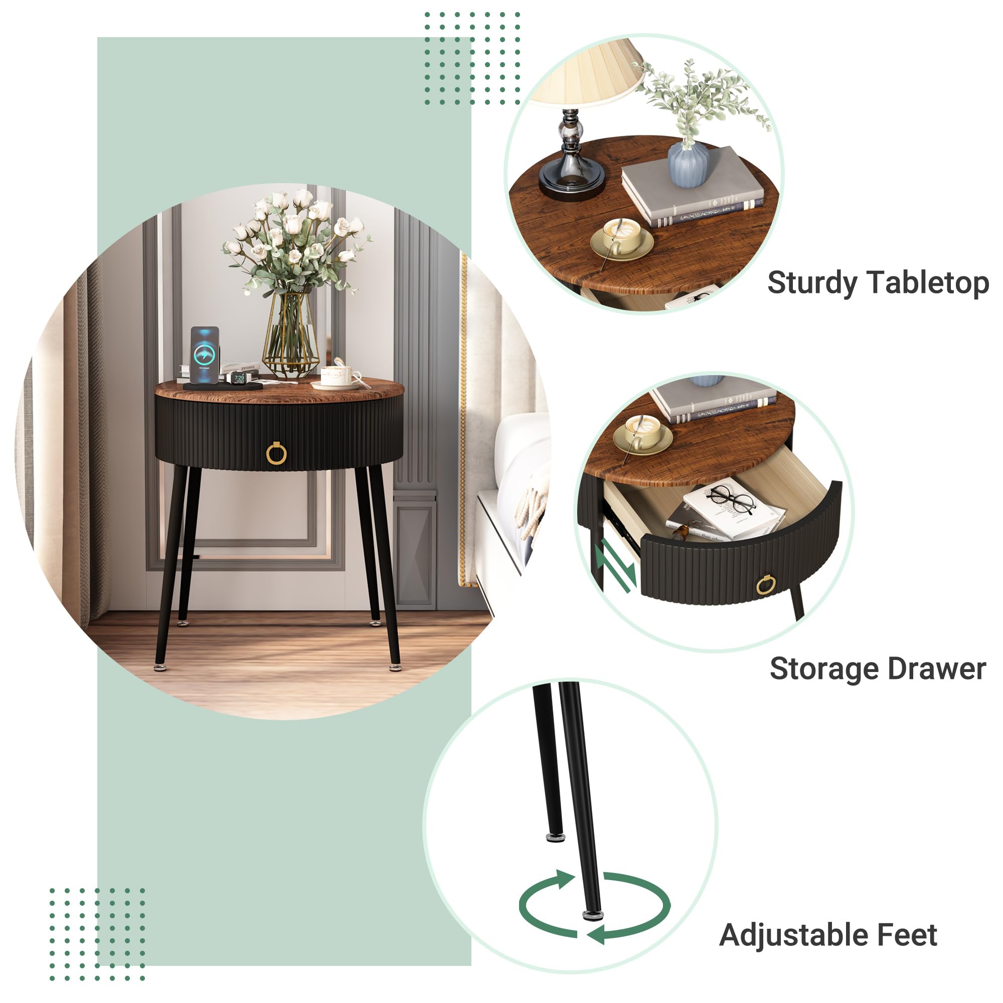OIOG Side Tables Set of 2, Round Nightstand with Drawer, Modern Bedside End Tables for Small Space, Living Room, Bedroom, Office, Dorm, Rustic Brown and Black - From Where - 