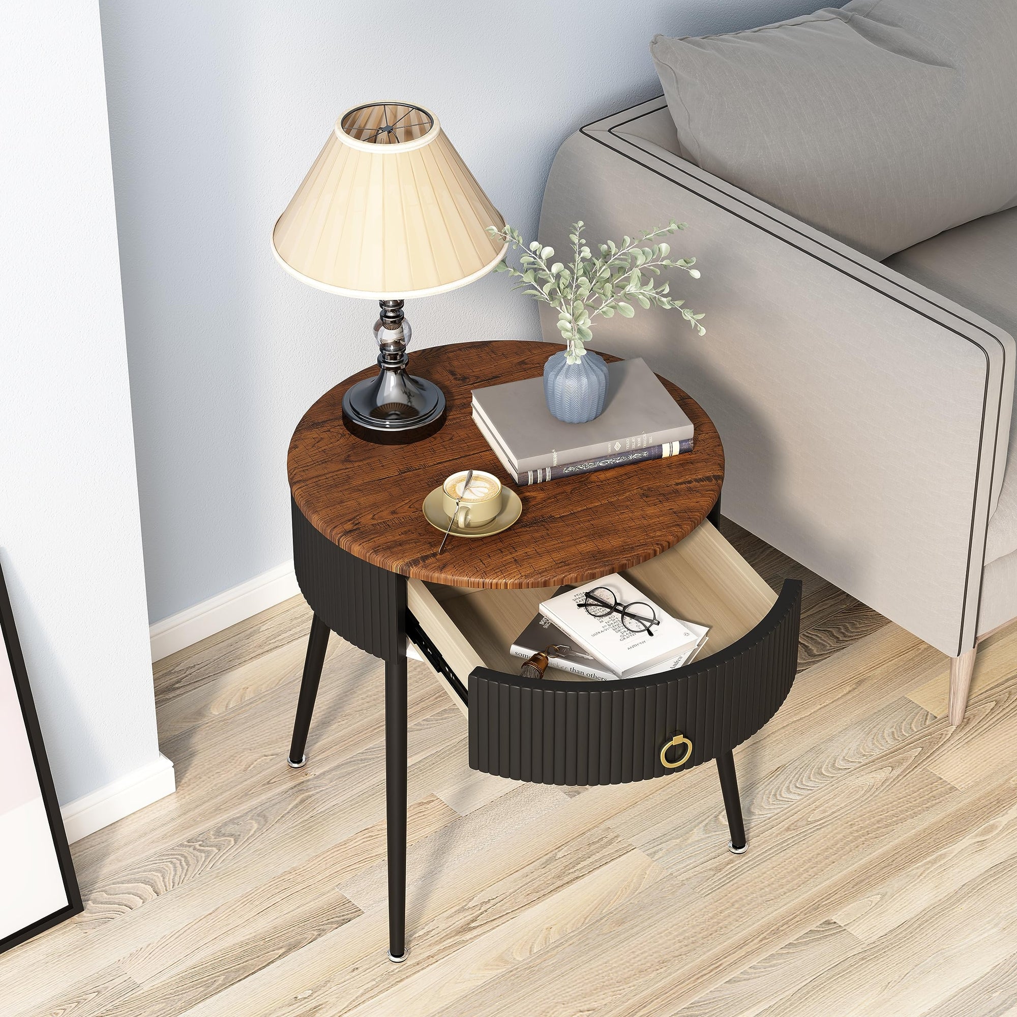 OIOG Side Tables Set of 2, Round Nightstand with Drawer, Modern Bedside End Tables for Small Space, Living Room, Bedroom, Office, Dorm, Rustic Brown and Black - From Where - 