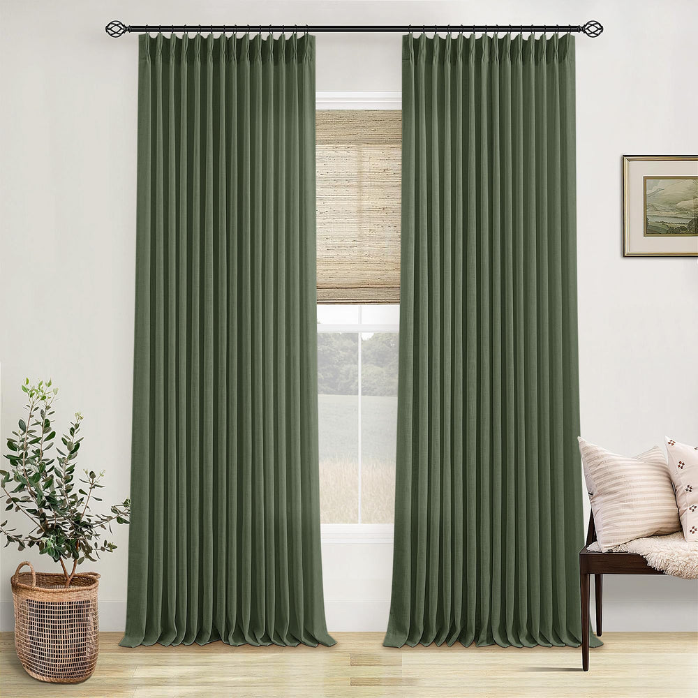 Olive Green Linen Pinch Pleated Curtains - From Where - 