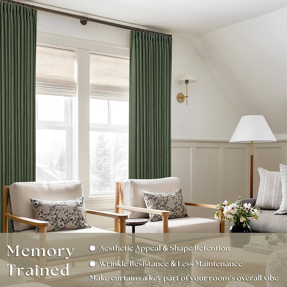 Olive Green Linen Pinch Pleated Curtains - From Where - 